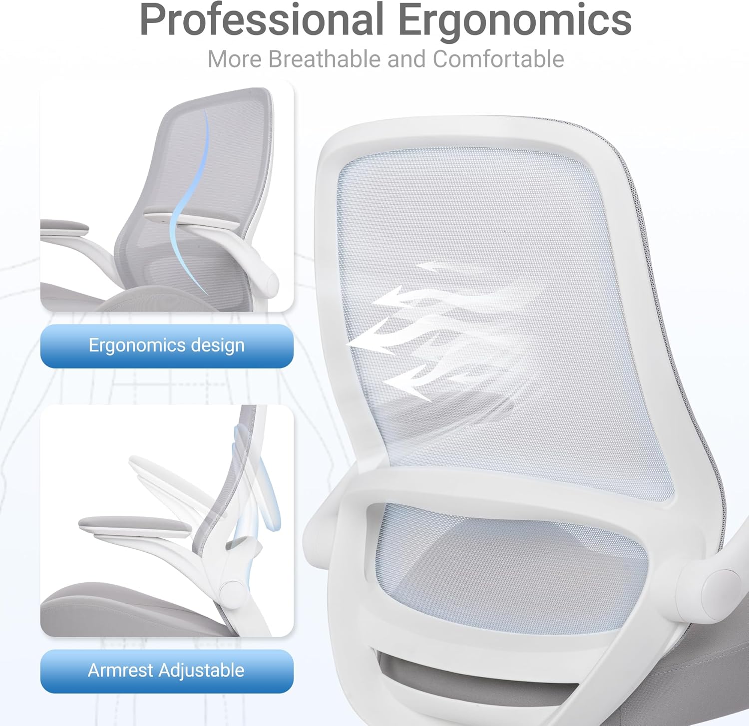 HYLONE Drafting Chair Tall Office Chair with Flip-Up Armrests Ergonomic Computer Chair with Lumbar Support Adjustable Footrest Ring Mesh Standing Desk Chair (Grey)