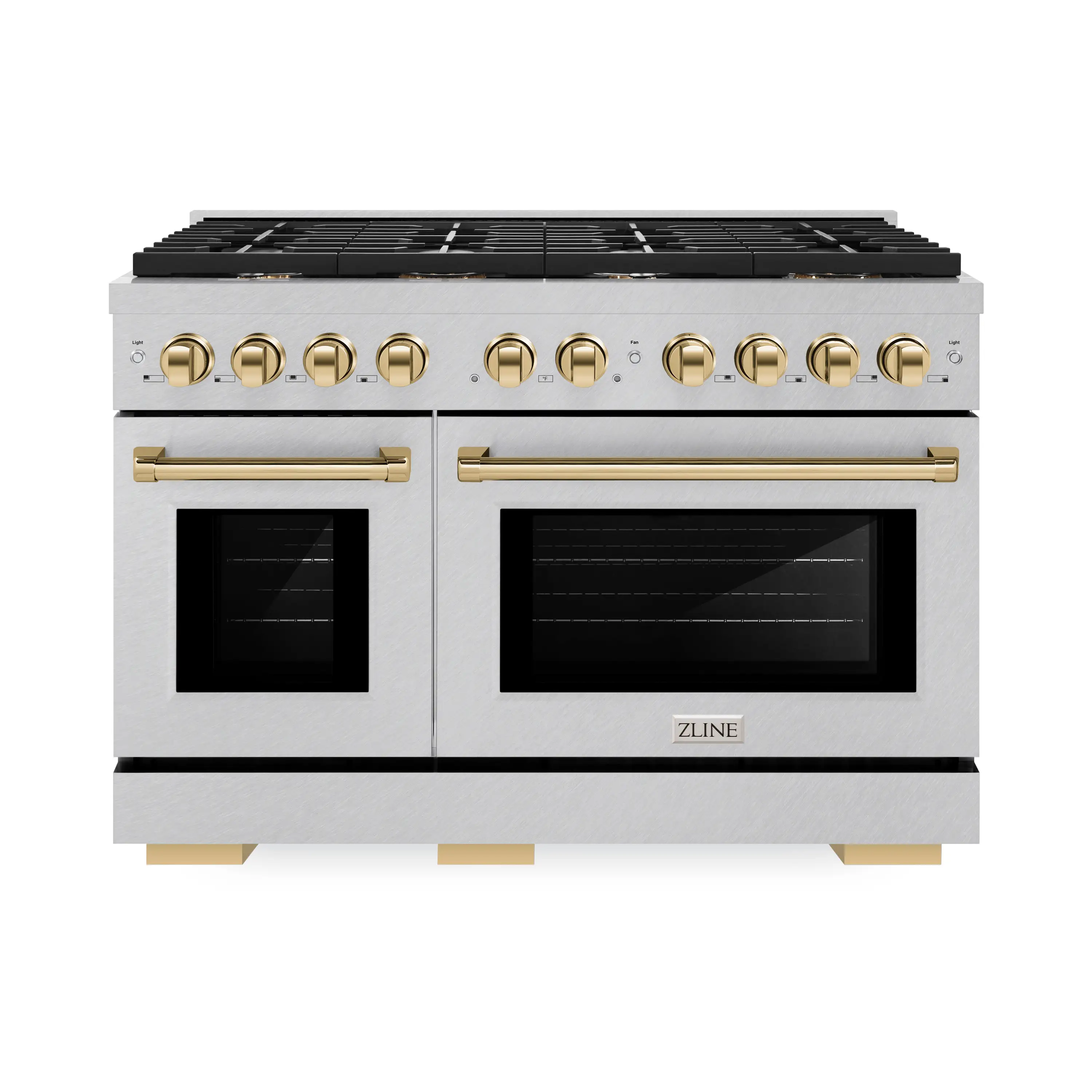 ZLINE Autograph Edition 48-Inch 6.7 cu. ft. Paramount Double Oven Dual Fuel Range with 8 Burner Gas Cooktop in Satin Stainless Steel and Polished Gold Accents (SDRSZ-48-G)