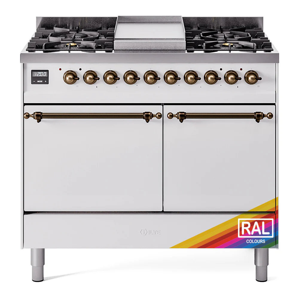 ILVE 40-Inch Nostalgie II Dual Fuel Range with 6 Burners, Griddle and Solid Door Oven in Custom RAL with Bronze Trim (UPD40FQNMPRAB)