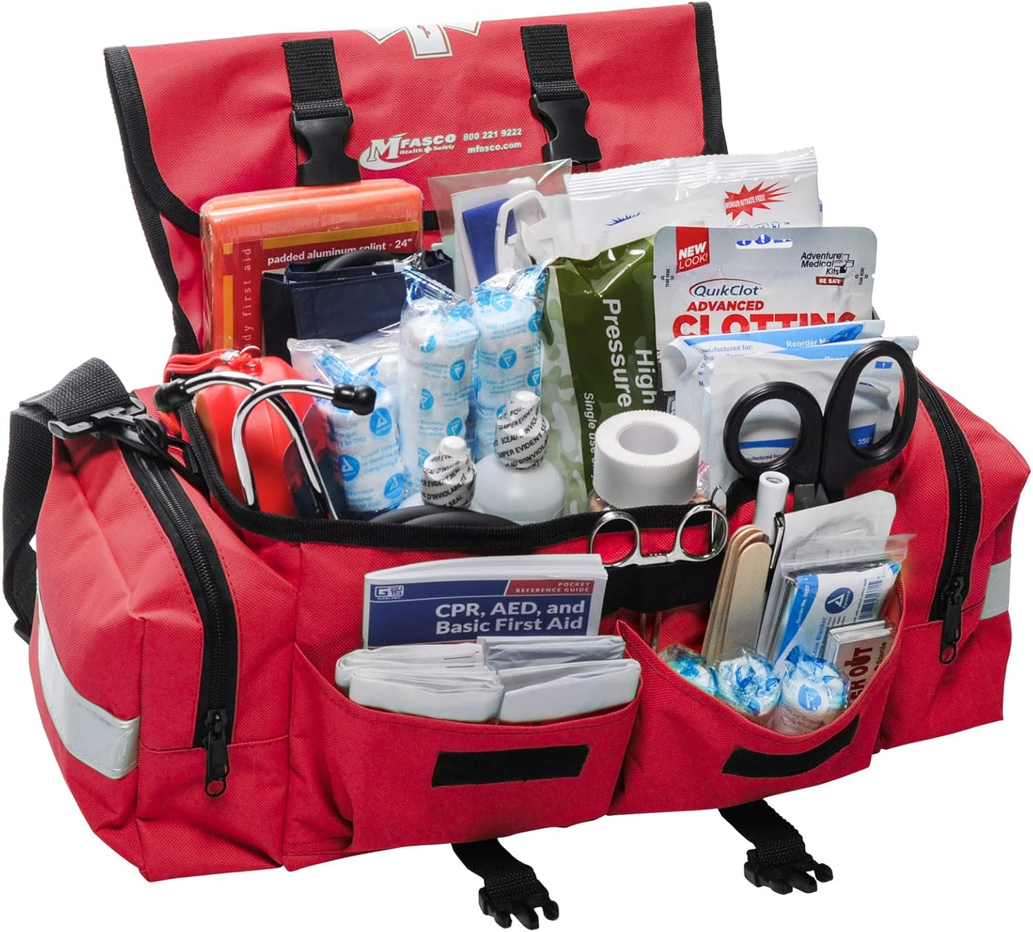 MFASCO Emergency Response GO First Aid Bag - 160 Pcs EMT Trauma Kit, First Responder Medical Bag, Deluxe Stocked Kit with Tourniquet, Sprague Stethoscope, Pressure & Bleeding Control Dressings