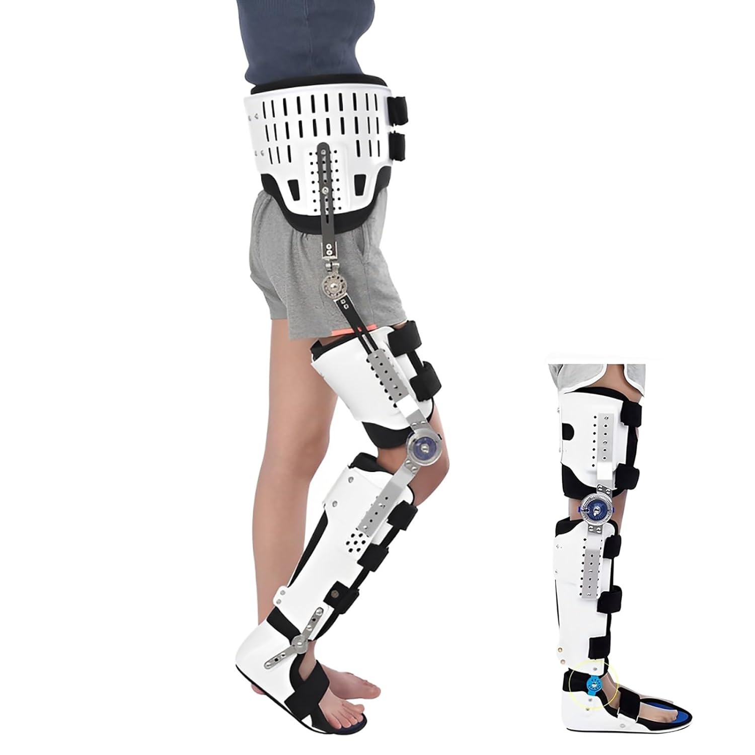 Knee Support Brace Adjustable Hip Knee Ankle Foot Joint Fixed Brace Full Leg Professional Foot Stabilizer Adjustable Hing Support with Removable Side for Walking with Shoe for Men and Women(Light,Medi