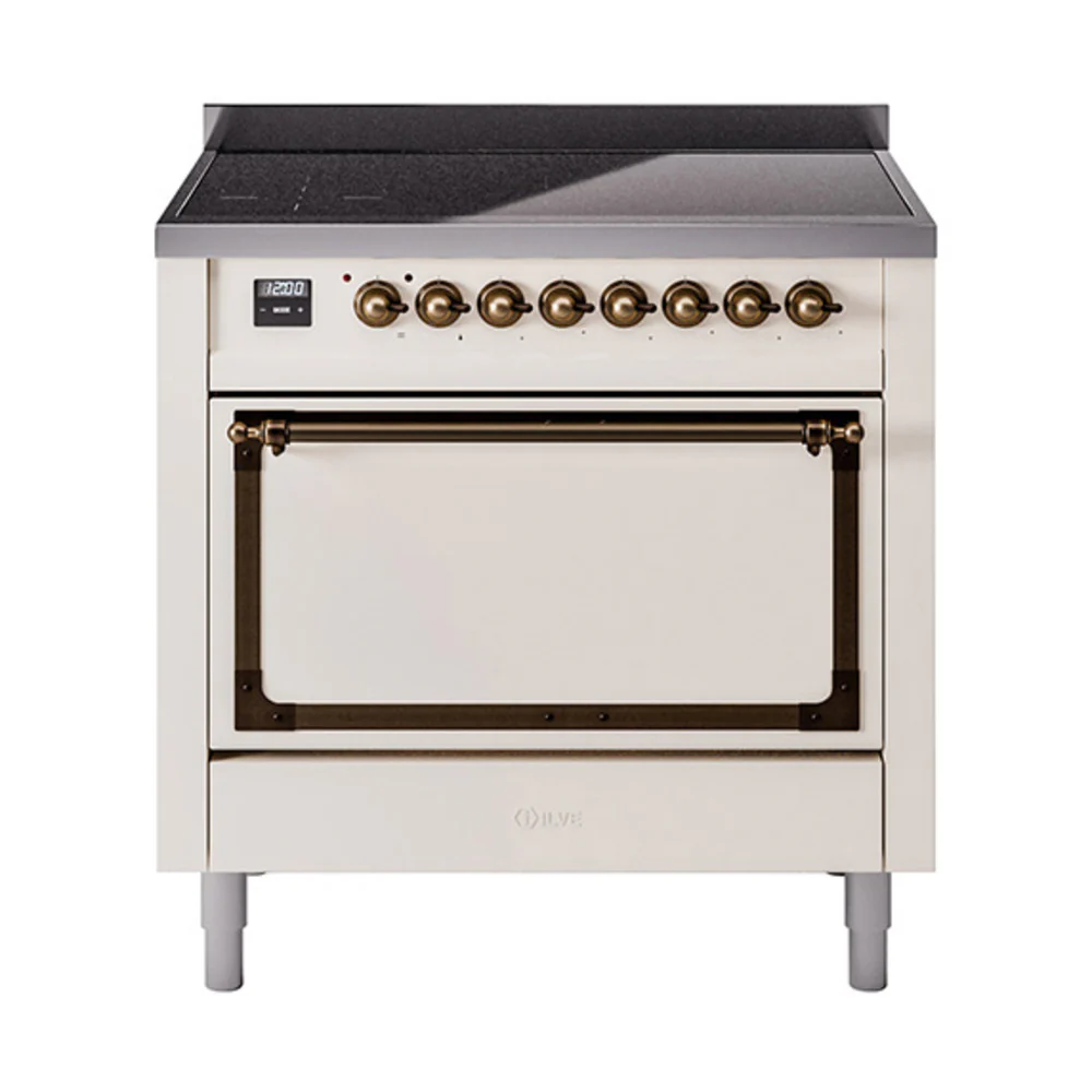 ILVE Nostalgie II Noblesse 36-Inch Induction Range with Solid Door in Antique White with Bronze Trim (UNI366QNMPAWB)