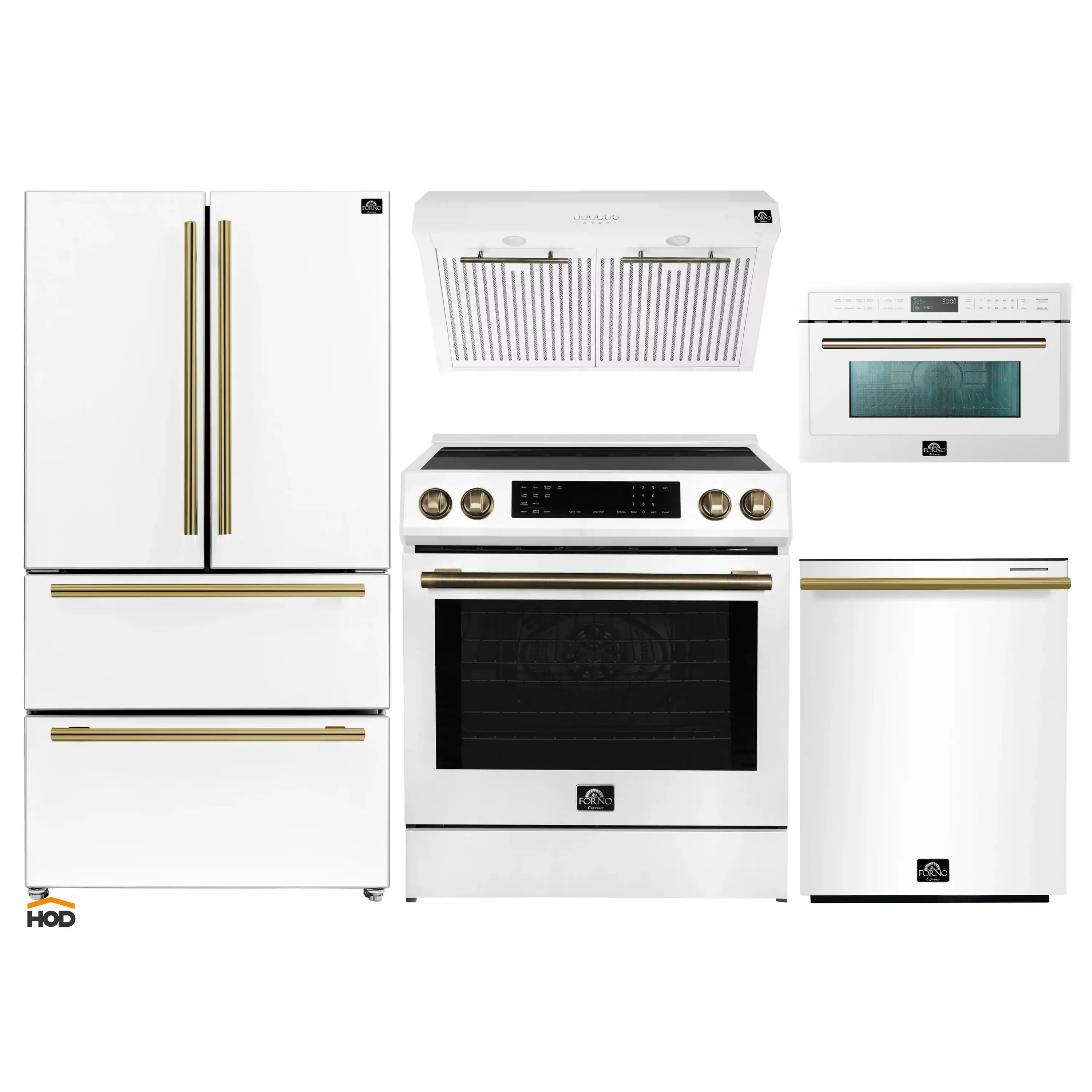 Forno 5-Piece Appliance Package - 30-Inch Induction Range, Under Cabinet Range Hood, Refrigerator, Dishwasher, and 30-Inch Microwave Oven in White with Antique Brass Trim