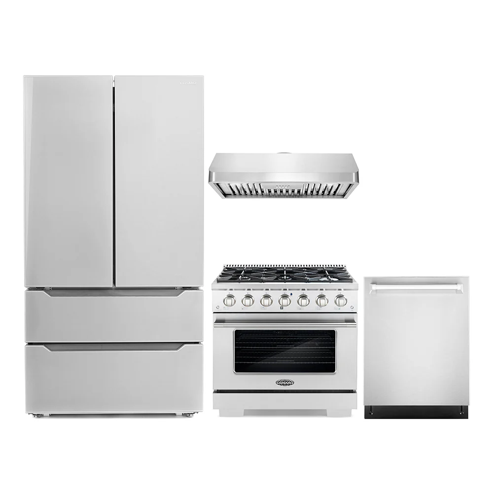 Cosmo 4-Piece Appliance Package - 36-Inch Gas Range, Under Cabinet Range Hood, Dishwasher, and Refrigerator in Stainless Steel (COS-4PKG-053)