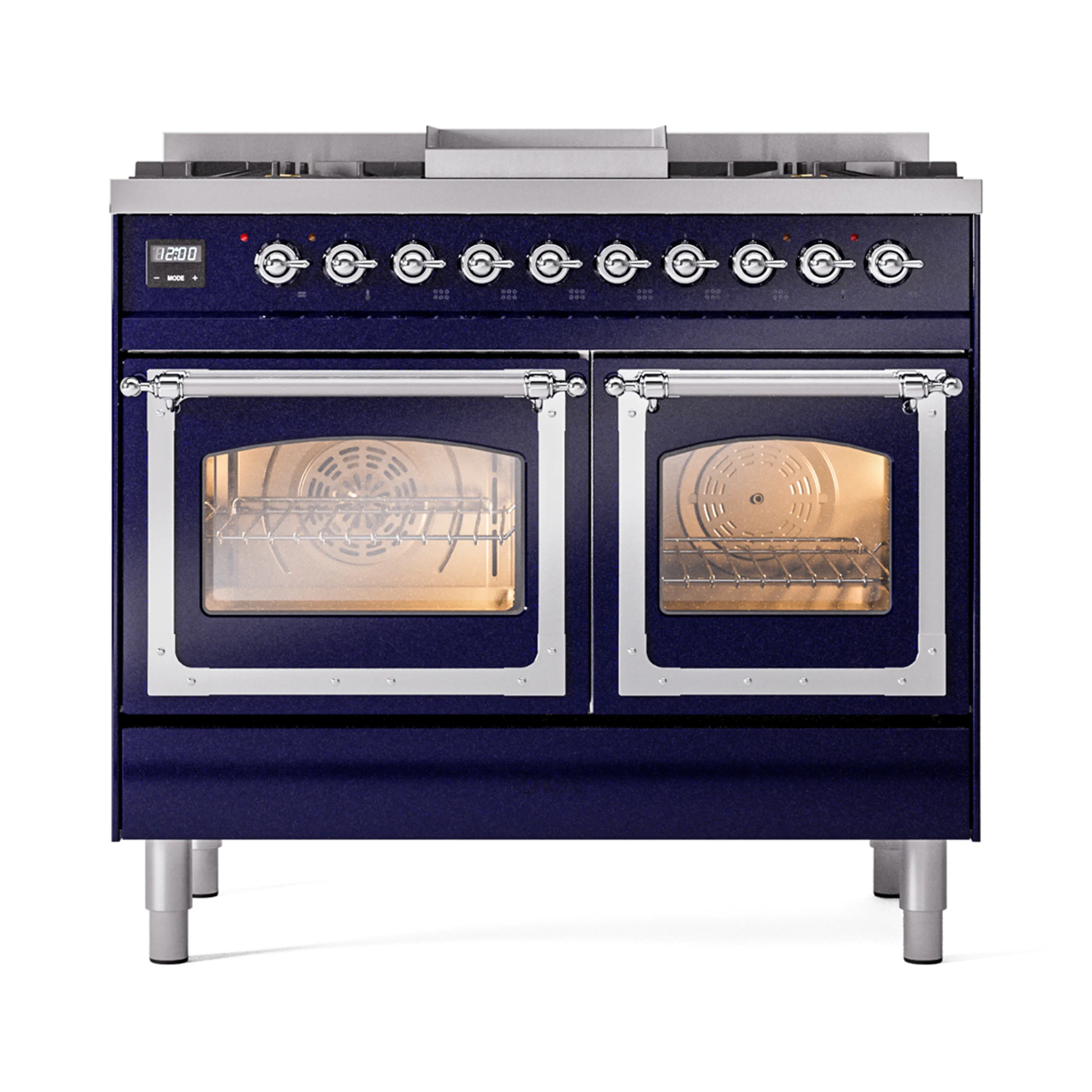 ILVE 40-Inch Nostalgie II Noblesse Dual Fuel Range with Triple Glass Door Oven in Midnight Blue with Chrome Trim (UND40FNMPMBC)
