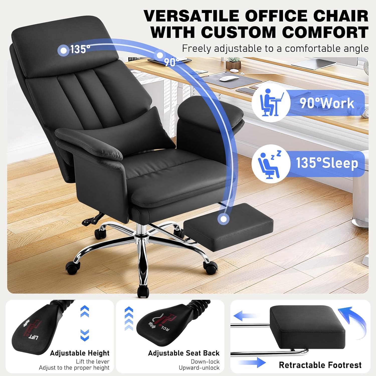 Big Tall Executive Office Chair with Footrest 400lbs, High Back Ergonomic Gaming Chair, Premium PU Leather with Adjustable Lumbar Support Double-Layered Armrests,Black