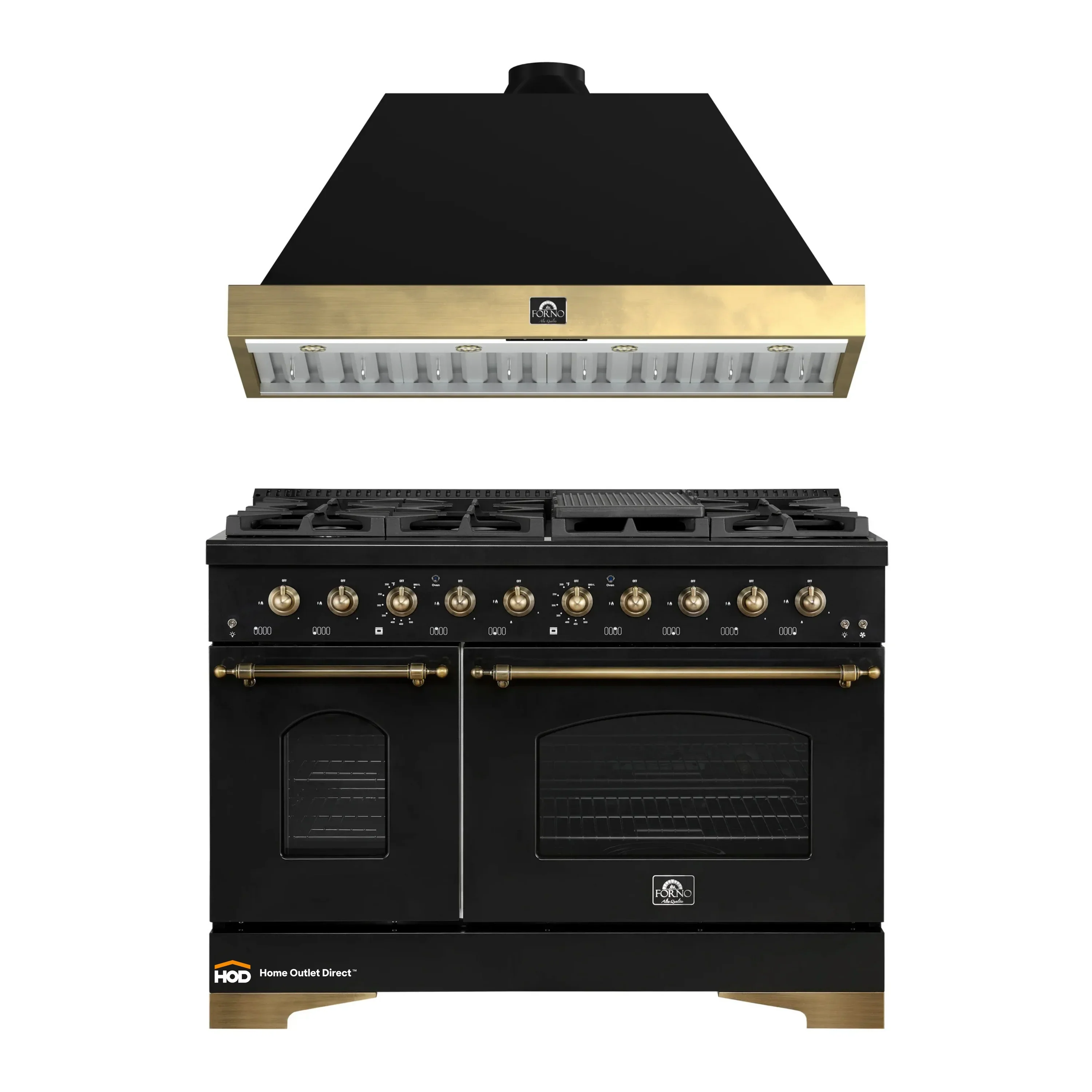 Forno Antico 2-Piece Appliance Package - 48-Inch Dual Fuel Range & 48-Inch Wall Mount Range Hood in Black with Antique Brass Trim