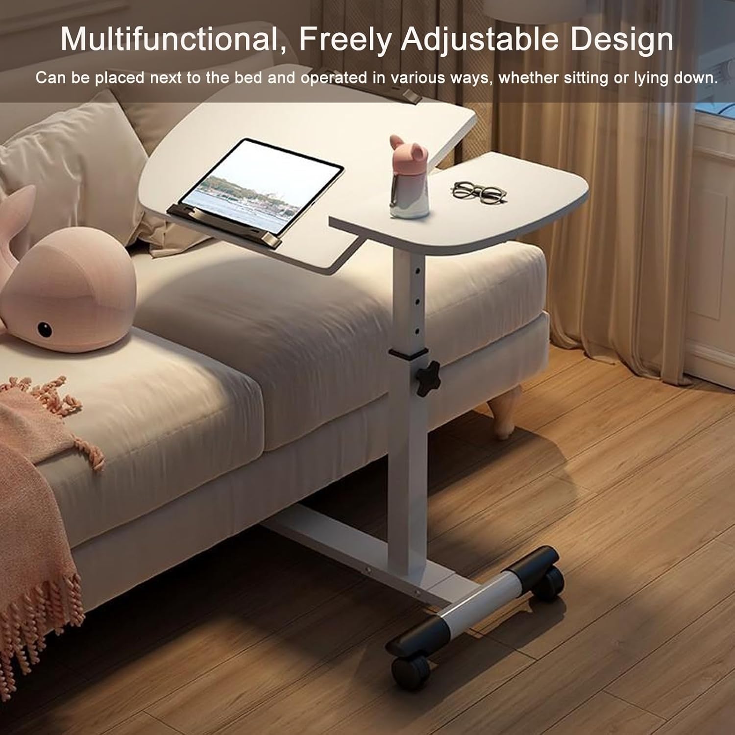 Bedside Rolling Overbed Table, Non Tilt Top with Wheels and Secure Height Adjustment, Portable Rolling Desk, Mobile Small Standing Desk, for Home Use(White)