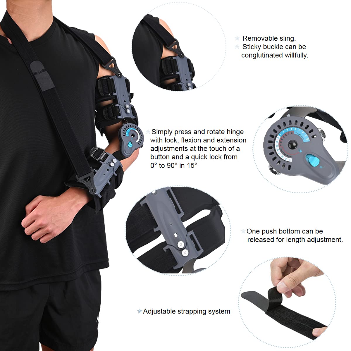 Komzer Hinged Elbow Brace,Adjustable Post OP ROM Elbow Brace with Sling Stabilizer Splint Arm Injury Recovery Support After Surgery (Left)