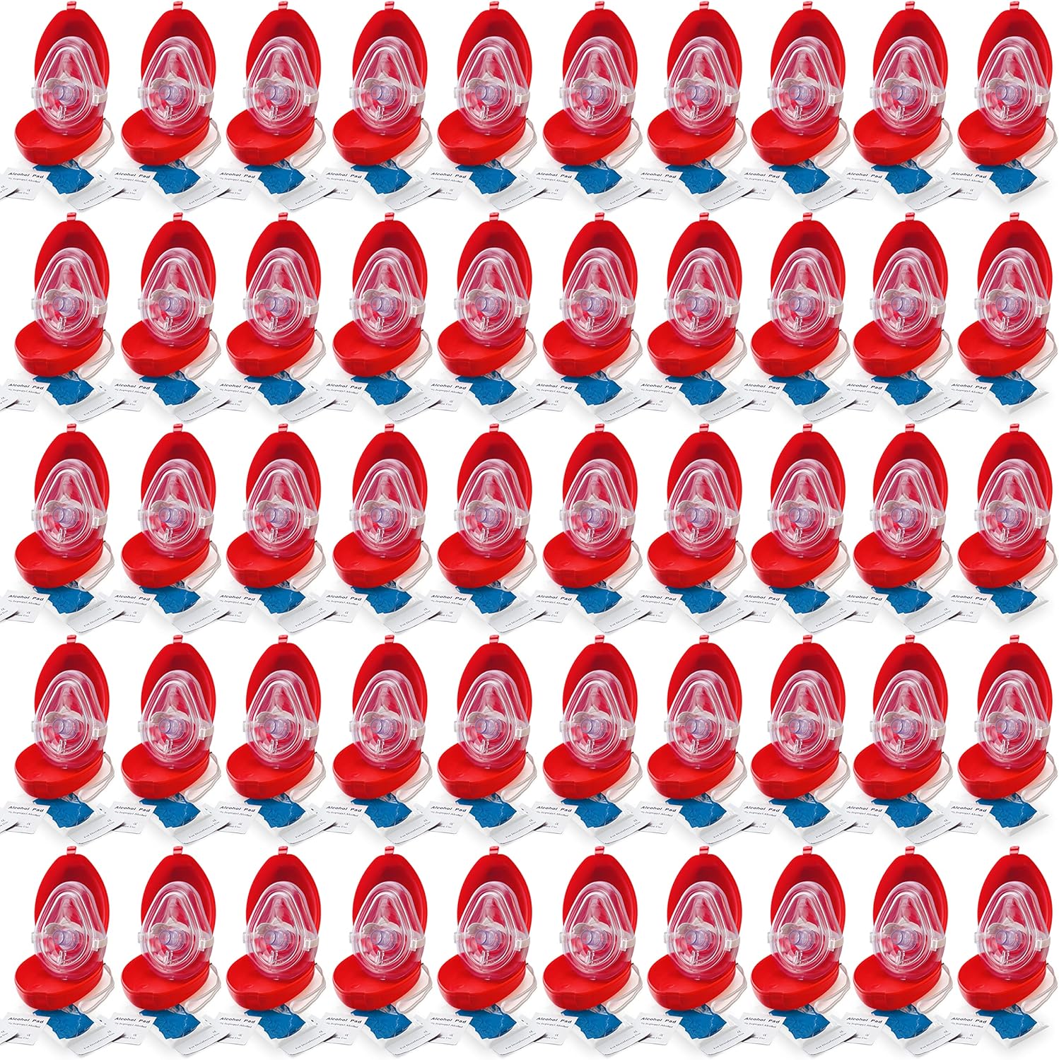 EMS XTRM Medical CPR Mask - CPR Pocket Resuscitator Mask, Oxygen Inlet, Elastic Head Strap, Clamshell Case, Antiseptic Prep Pads, and Gloves - Suitable for Adults/Child - 50 Pack