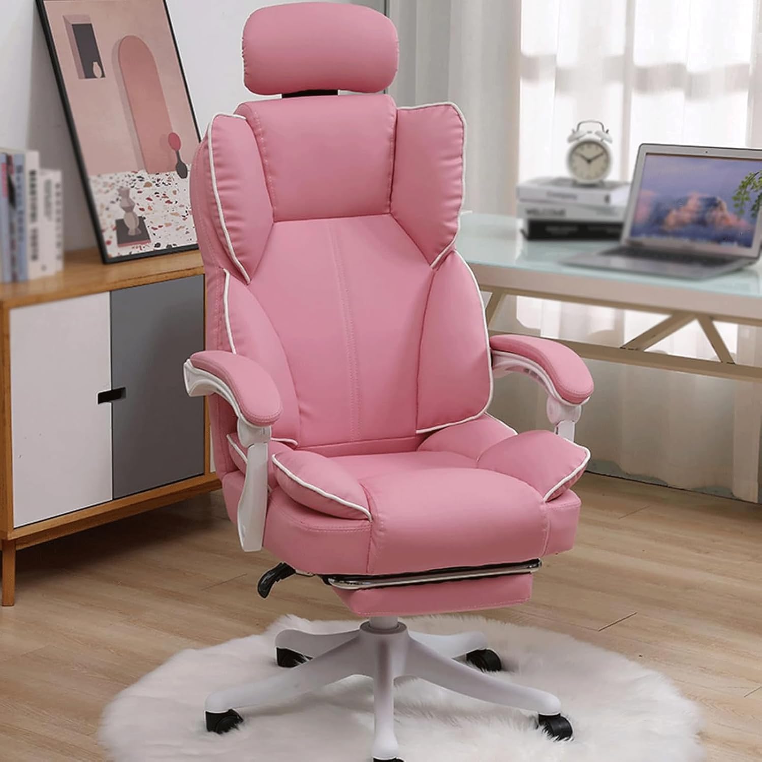 Computer Desk Chair, Executive Chairs, Management Chair Leather Comfy Desk Chair with Adjustable Height,Arm and Back Support Gaming Chair,Pink-C