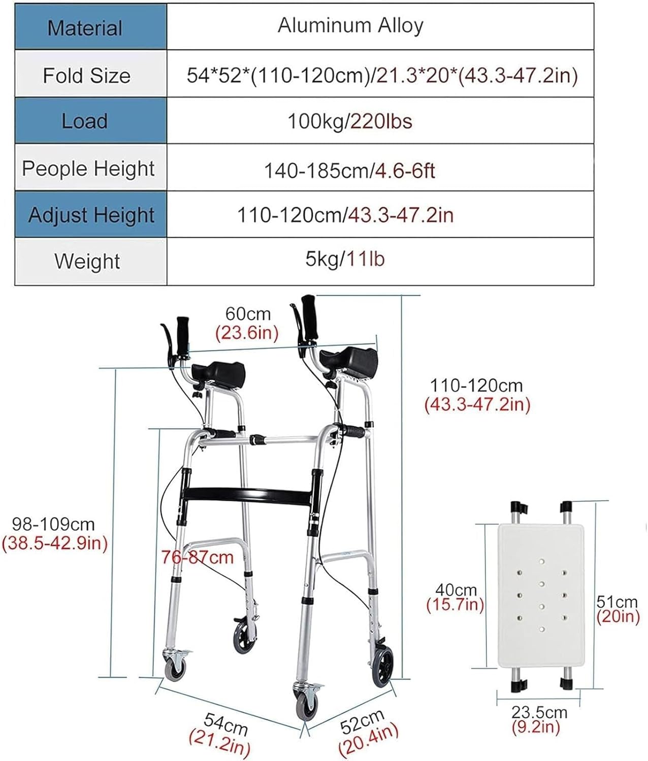 Wheel Walking Frame Upright Posture Rolling Walker 4 Wheel Walker Rollator Adjustable Height Elderly Walking Aid Used with Armrest Support Pad for Seniors Walking