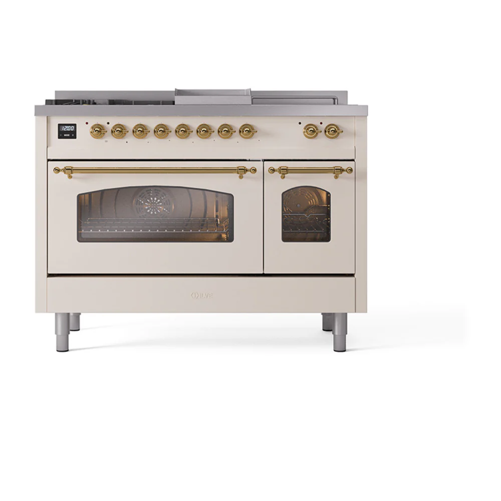 ILVE Nostalgie II 48-Inch Dual Fuel Range with 5 Burners, Griddle, & French Top with Triple Glass Door Oven in Antique White with Brass Trim (UP48FSNMPAWG)