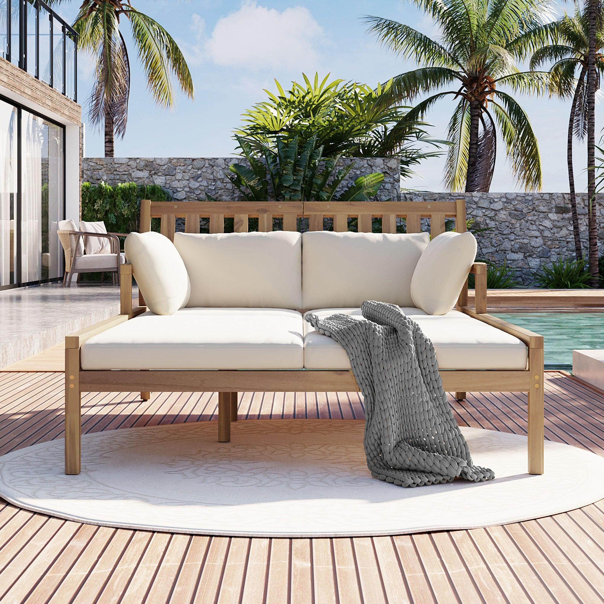 Parrot Uncle Outdoor Patio Daybed with Four Pillows, Wooden Outdoor Bed with Curved Armrests for Poolside, Backyard, Garden