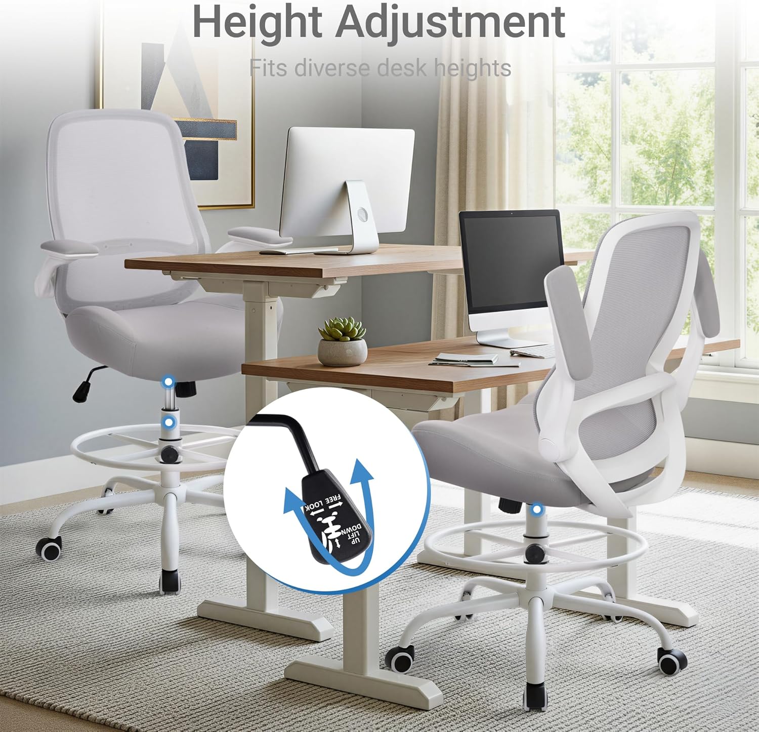 HYLONE Drafting Chair Tall Office Chair with Flip-Up Armrests Ergonomic Computer Chair with Lumbar Support Adjustable Footrest Ring Mesh Standing Desk Chair (Grey)