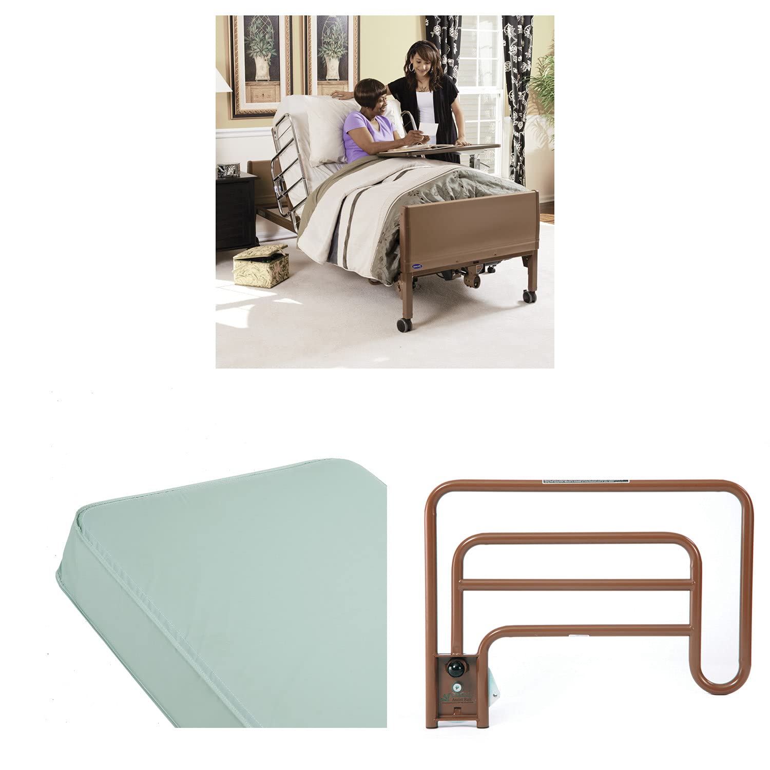 Invacare Low Homecare Bed Bundle | Innerspring Mattress & Assist Rails | Full-Electric Low Hospital Bed for Home Use