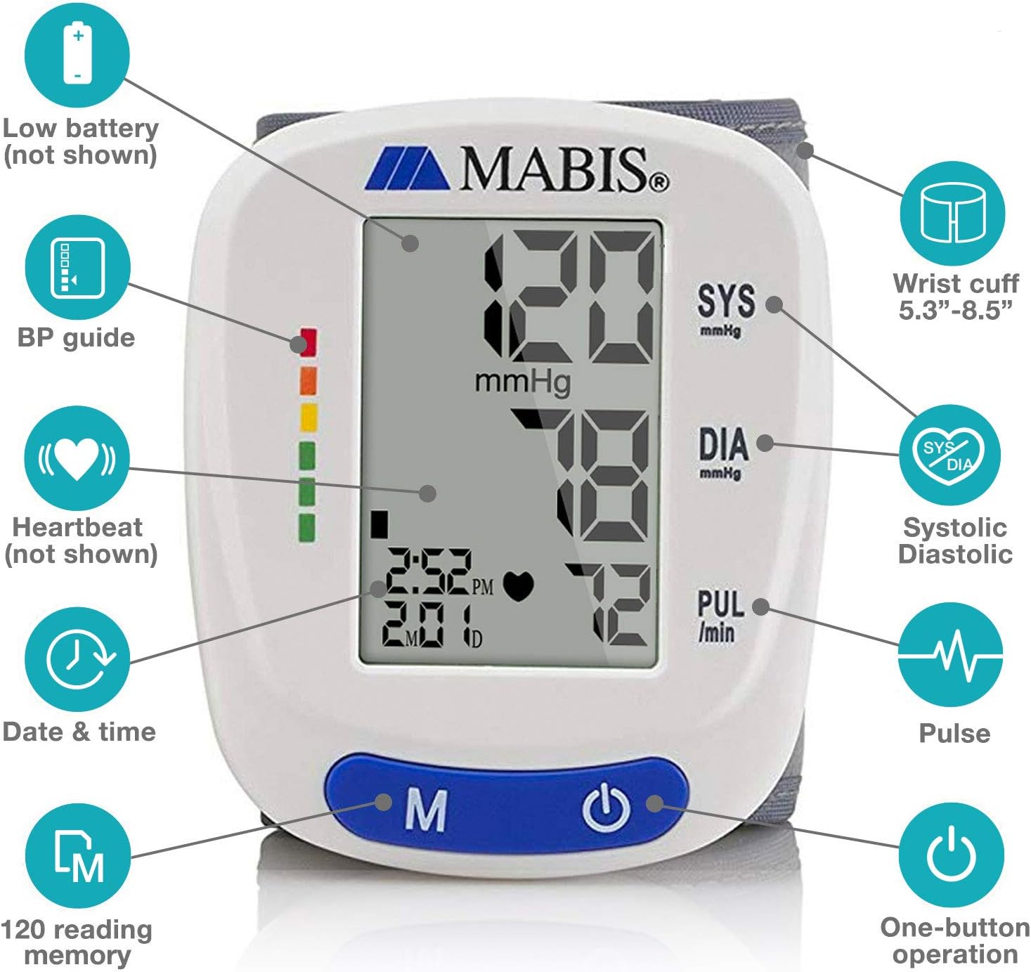 Mabis Digital Premium Wrist Blood Pressure Monitor with Automatic Wrist Cuff That Displays Blood Pressure, Pulse Rate and Irregular Heartbeat, Stores up to 120 Readings (Pack of 48)
