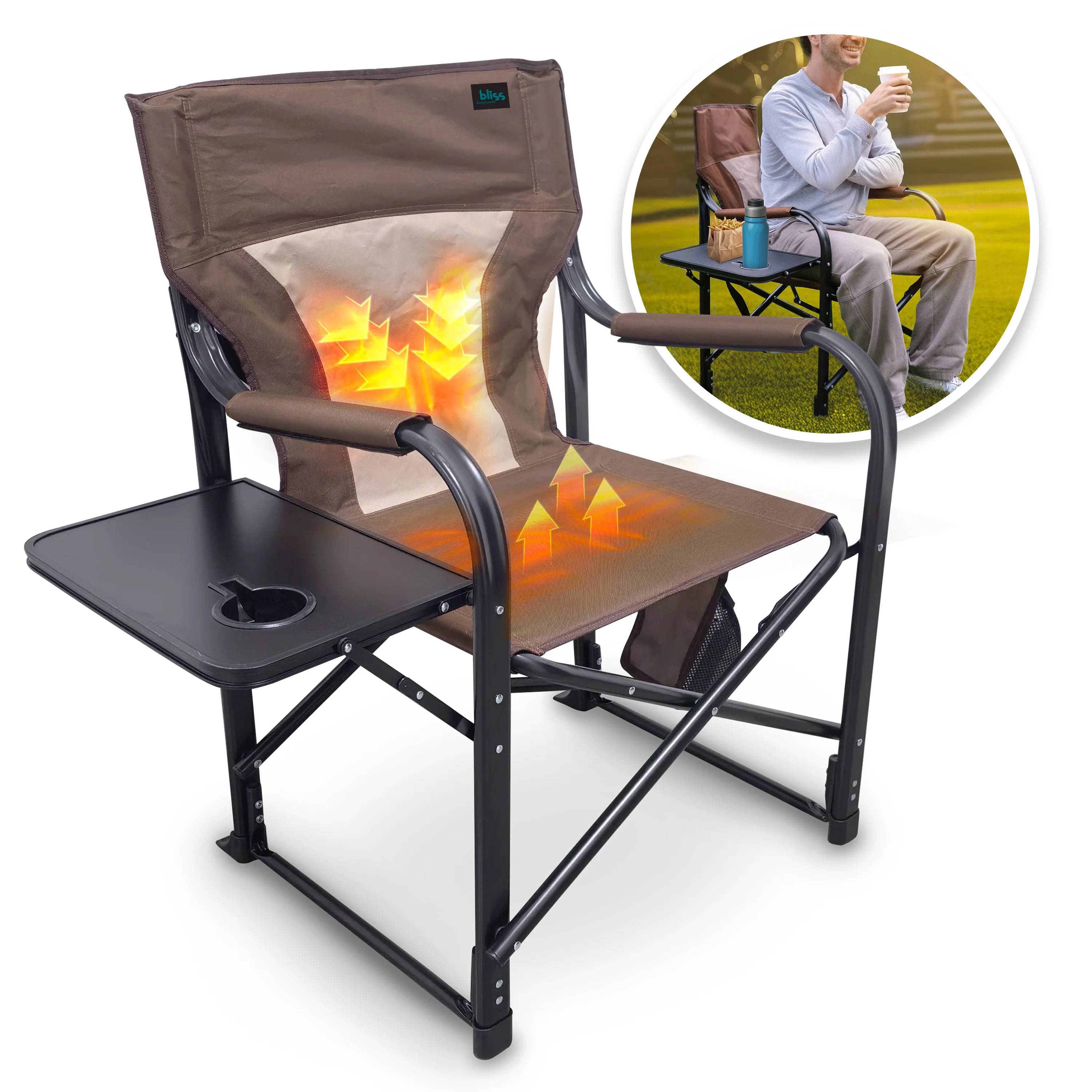 Bliss Hammocks BHC-24VH-BRN 24-Volt Heated Directors Seat | 21-in Wide | 3 Temp Settings | 2.0-Ah Battery + Charger