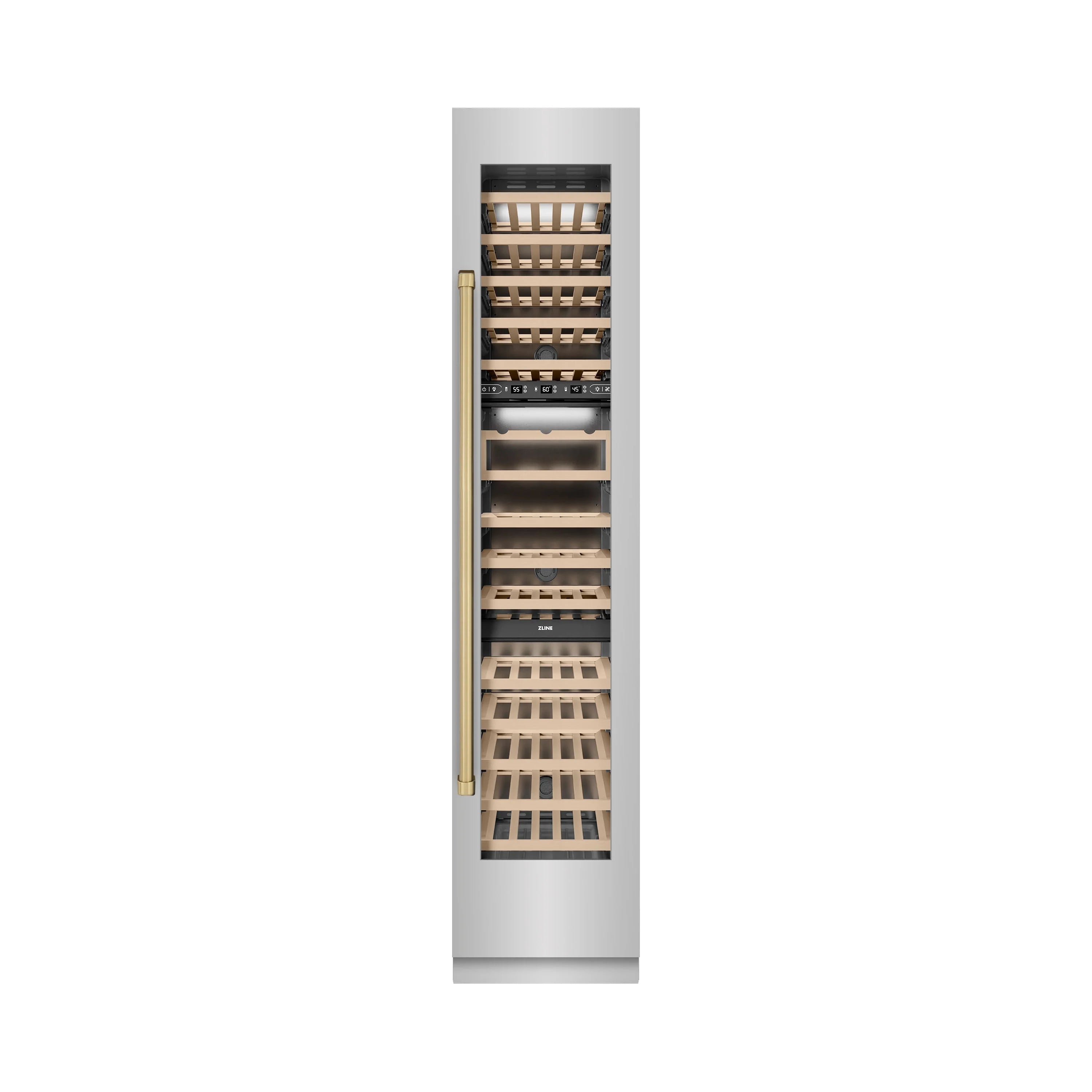 ZLINE Autograph Edition 18-Inch 9.0 Cu. Ft. Triple Zone 68 Bottle Right Hinge Column Wine Cooler in Stainless Steel with Champagne Bronze Accents (RCWVRZ-30418-CB)