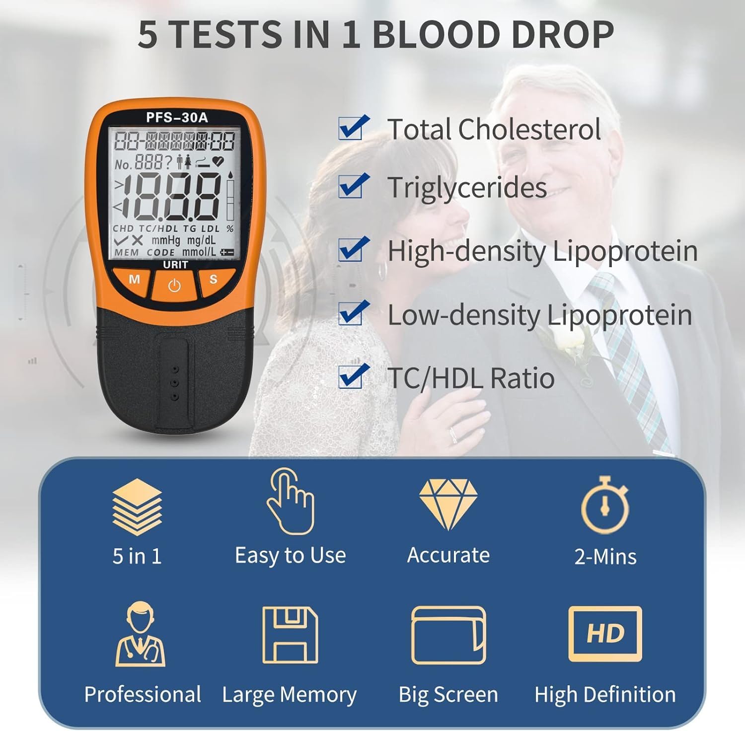 5- in-1 Cholesterol Test Kits for Home Use, Cholesterol Tester Meter with 10 Test Strips (TC, TG, HDL, LDL, TC/HDL)