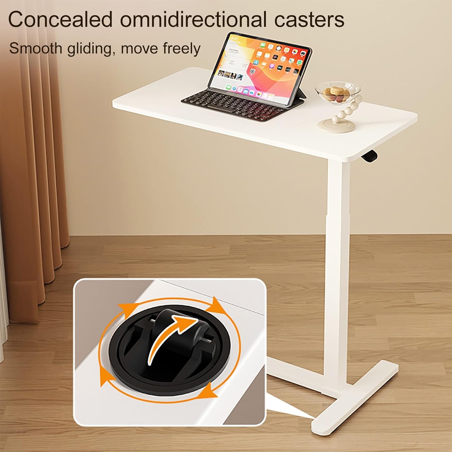 Pneumatic Adjustable Overbed Table, Solid Wood Overbed Bedside Table with Wheels, Hospital Bed Table Rolling Laptop Desk with Split Dual Desktop, for Hospital, Home Use(White)