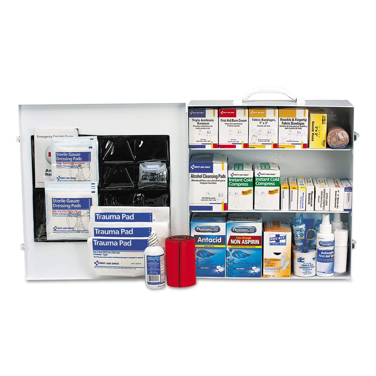 First Aid Only 90575 3-Shelf ANSI B+ and OSHA-Compliant First Aid Kit, 100-150-Person Emergency First Aid Kit for Business and Worksite, First Aid Metal Cabinet with Medications, 676 Pieces