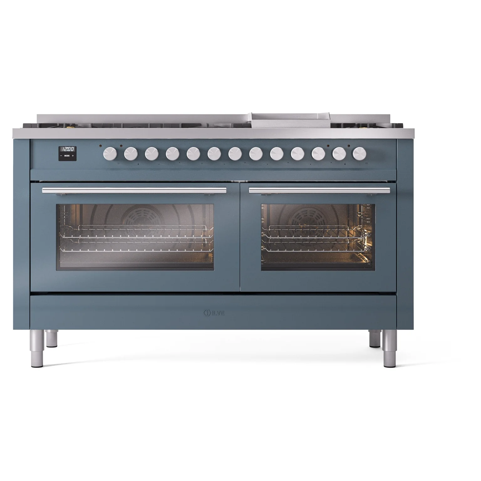 ILVE 60-inch Professional Plus II Dual Fuel Range with 9 Burners, Griddle, and Triple Glass Door Oven in Blue Grey (UP60FWMPBG)