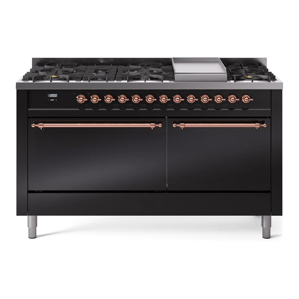 ILVE 60-Inch Nostalgie II Dual Fuel Range with 9 Burners, Griddle and Solid Door Oven in Glossy Black with Copper Trim (UP60FQNMPBKP)