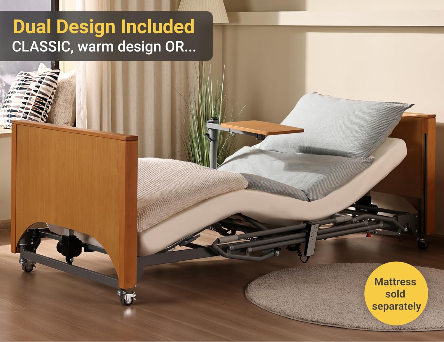 Hospital Bed with 5 Electric Functions – Advanced German Technology Medical Bed for Home Use – Overbed Table & Rails Included – Adjustable Height 8.5”-25”