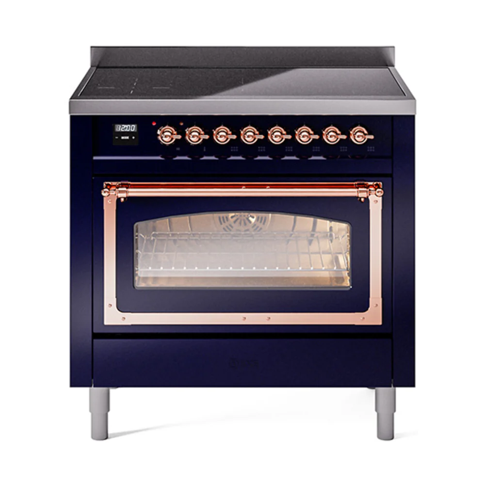 ILVE Nostalgie II Noblesse 36-Inch Induction Range with Triple Glass Door in Midnight Blue with Copper Trim (UNI366NMPMBP)