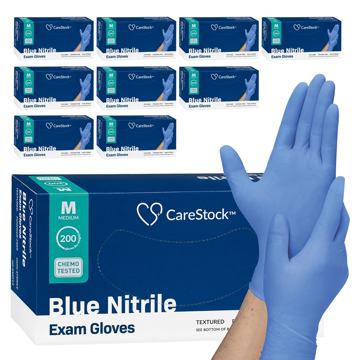 CareStock Blue Nitrile Exam Gloves [2000 Count] Disposable, Powder-Free, Latex-Free, Food Safe, Medical Grade, Chemical Resistant, Medium, 200 Count, 10 Boxes