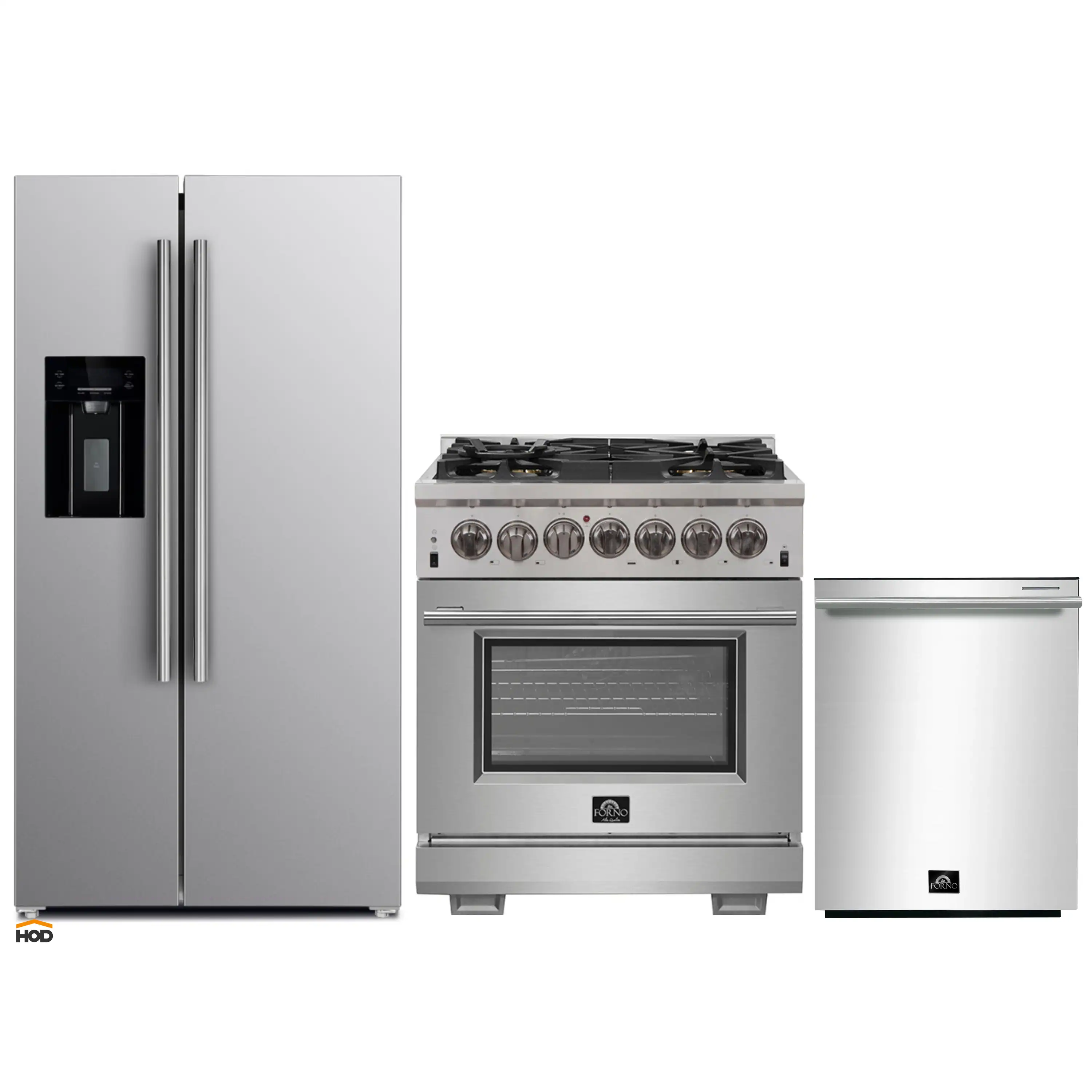 Forno 3-Piece Pro Appliance Package - 30-Inch Dual Fuel Range, Refrigerator with Water Dispenser, & Dishwasher in Stainless Steel
