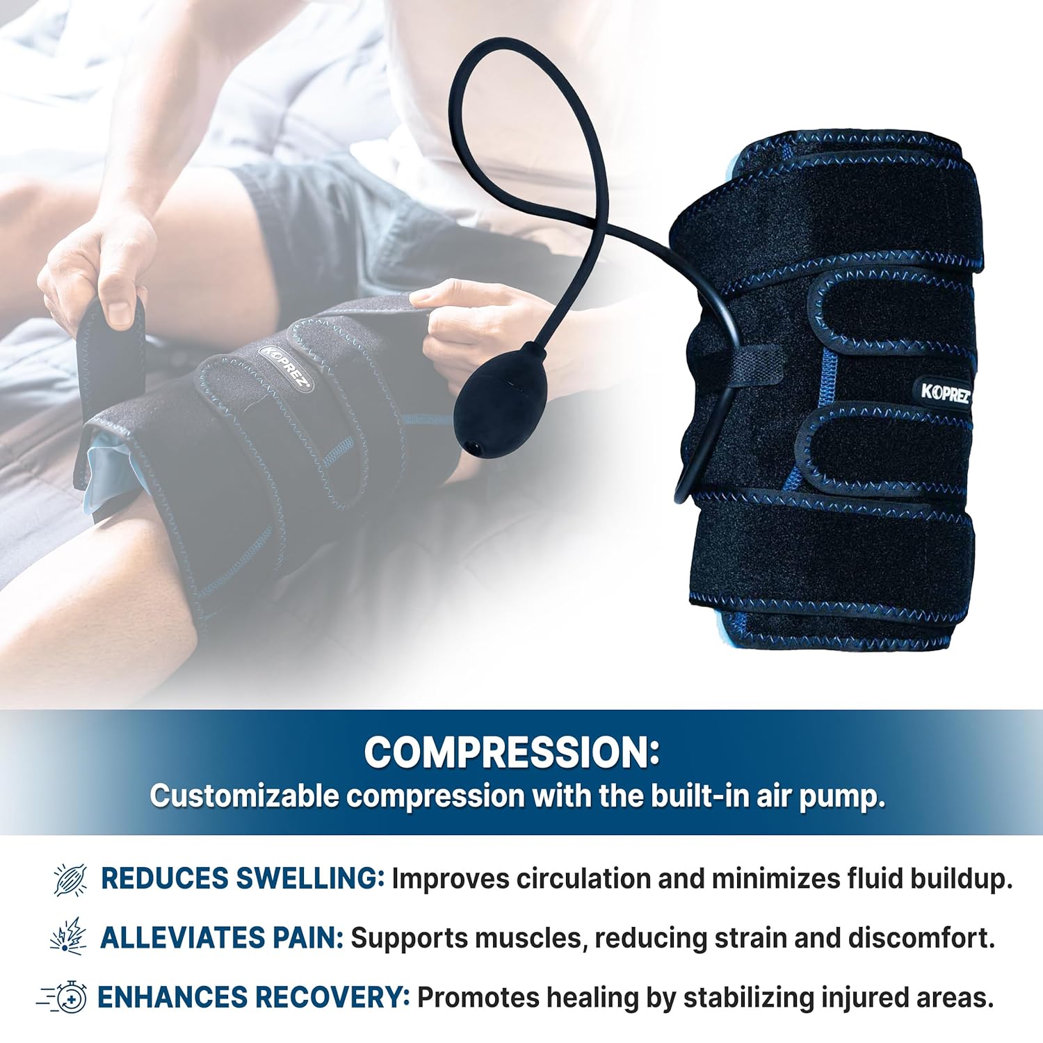 Koprez Knee CryoPump | Adjustable and Reusable Knee Ice Pack Wrap for Knee Pain Relief | Universal Fit with Adjustable Compression Pump | Knee Ice Wrap for Men and Women