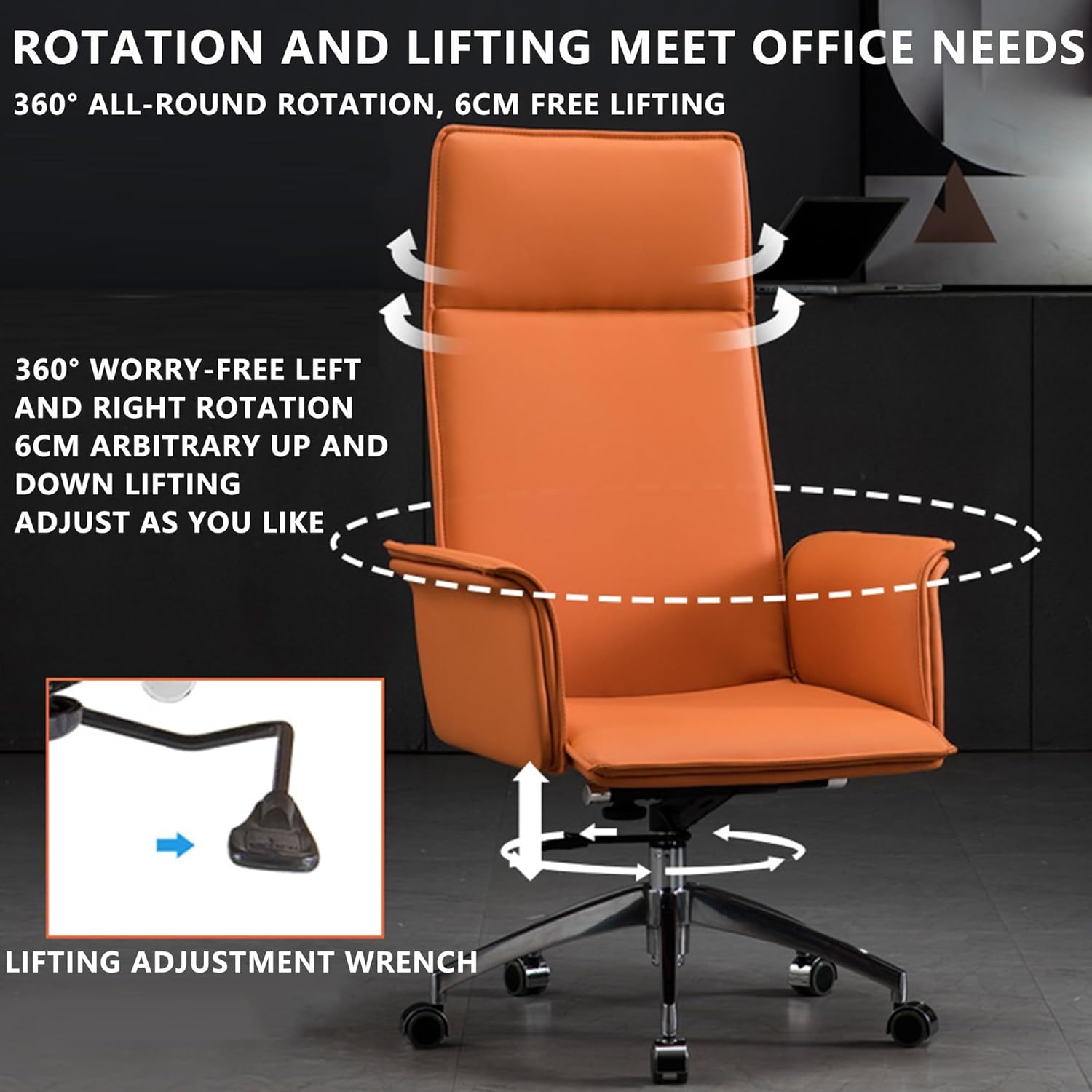 High Back Office Chair with Adjustable Height and Reclining Feature for Ultimate Comfort and Support Ergonomic PU Leather Desk Chair with Headrest and Armrests Ideal fo(Orange-One Size