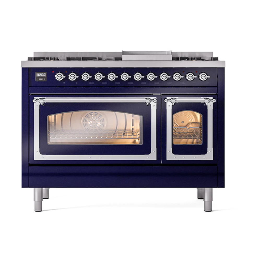 ILVE Nostalgie II Noblesse 48-Inch Dual Fuel Freestanding Range in Midnight Blue with Chrome Trim (UN48FNMPMBC)