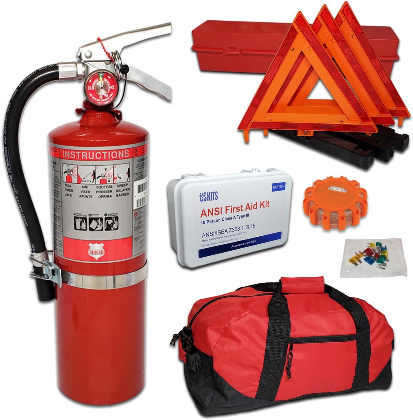DOT OSHA ANSI Compliant Kit with USA Made Shield 3A40BC 5lb Fire Extinguisher by Shield with LED Flare, Great for Operators of Commercial Vehicles Safe in Low Light Situations!