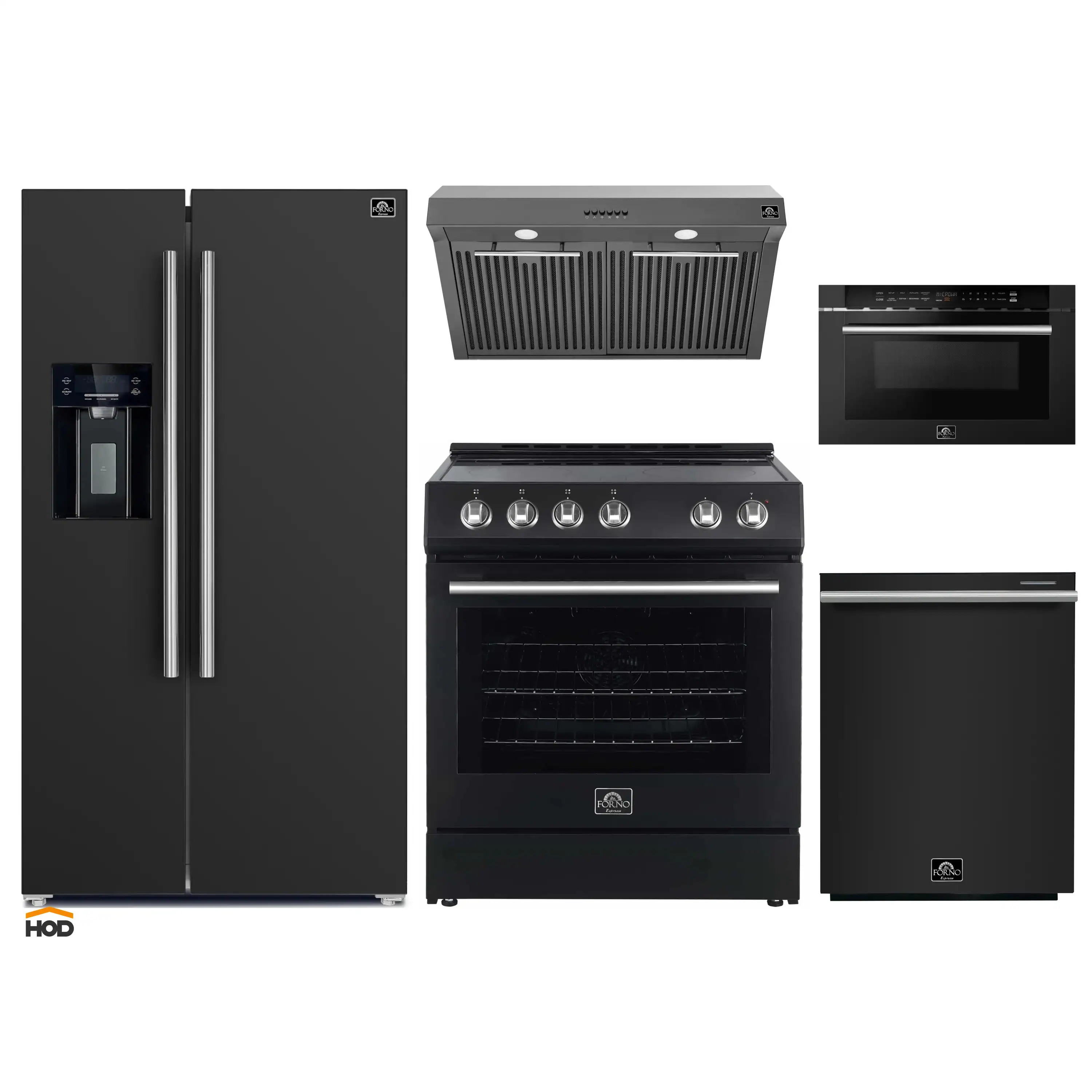 Forno 5-Piece Appliance Package - 30-Inch Electric Range, Under Cabinet Range Hood, Refrigerator with Water Dispenser, Dishwasher, and  Microwave Drawer in Black with Stainless Steel Trim