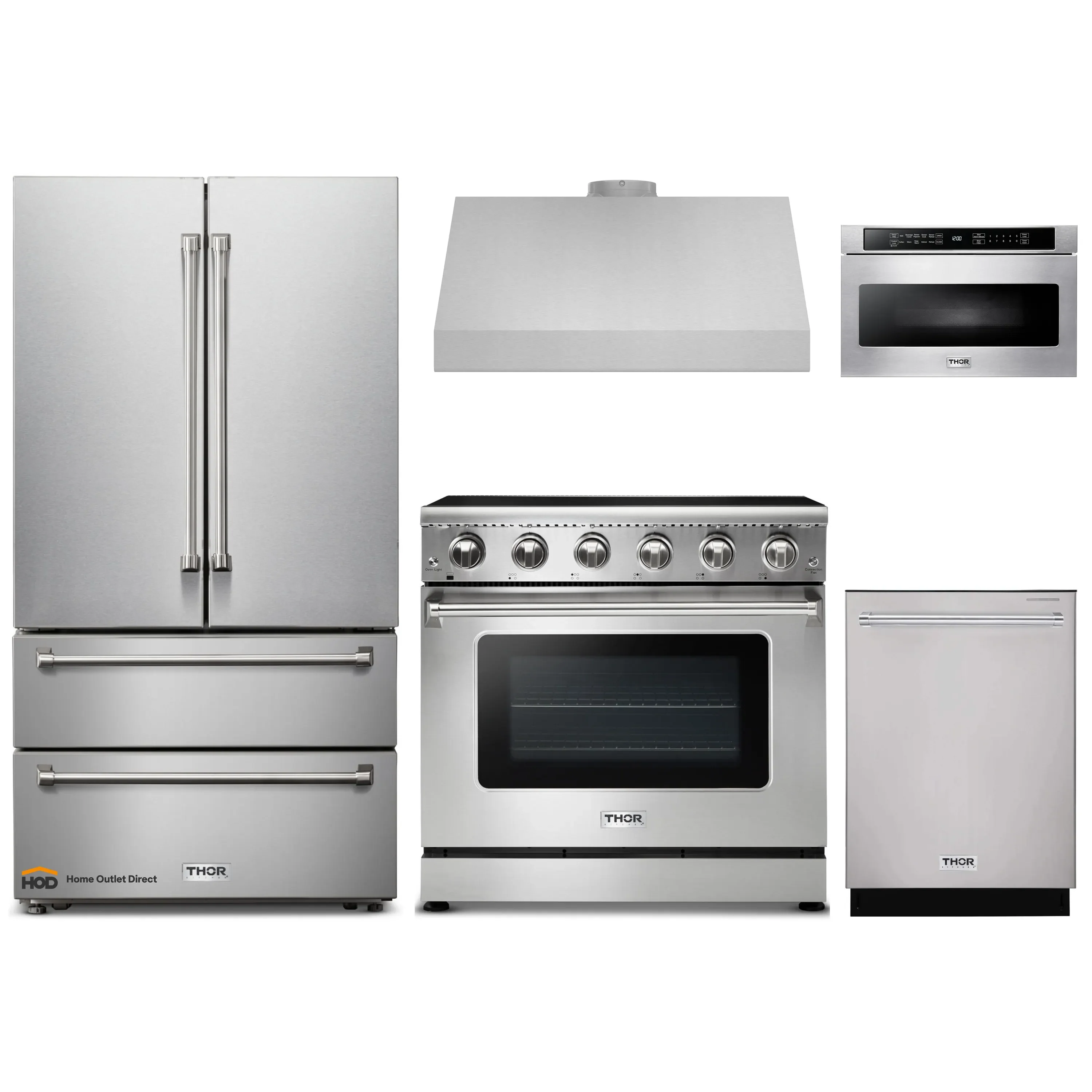Thor Kitchen 5-Piece Appliance Package - 36-Inch Electric Range, French Door Refrigerator, Under Cabinet Hood, Dishwasher, and Microwave Drawer in Stainless Steel