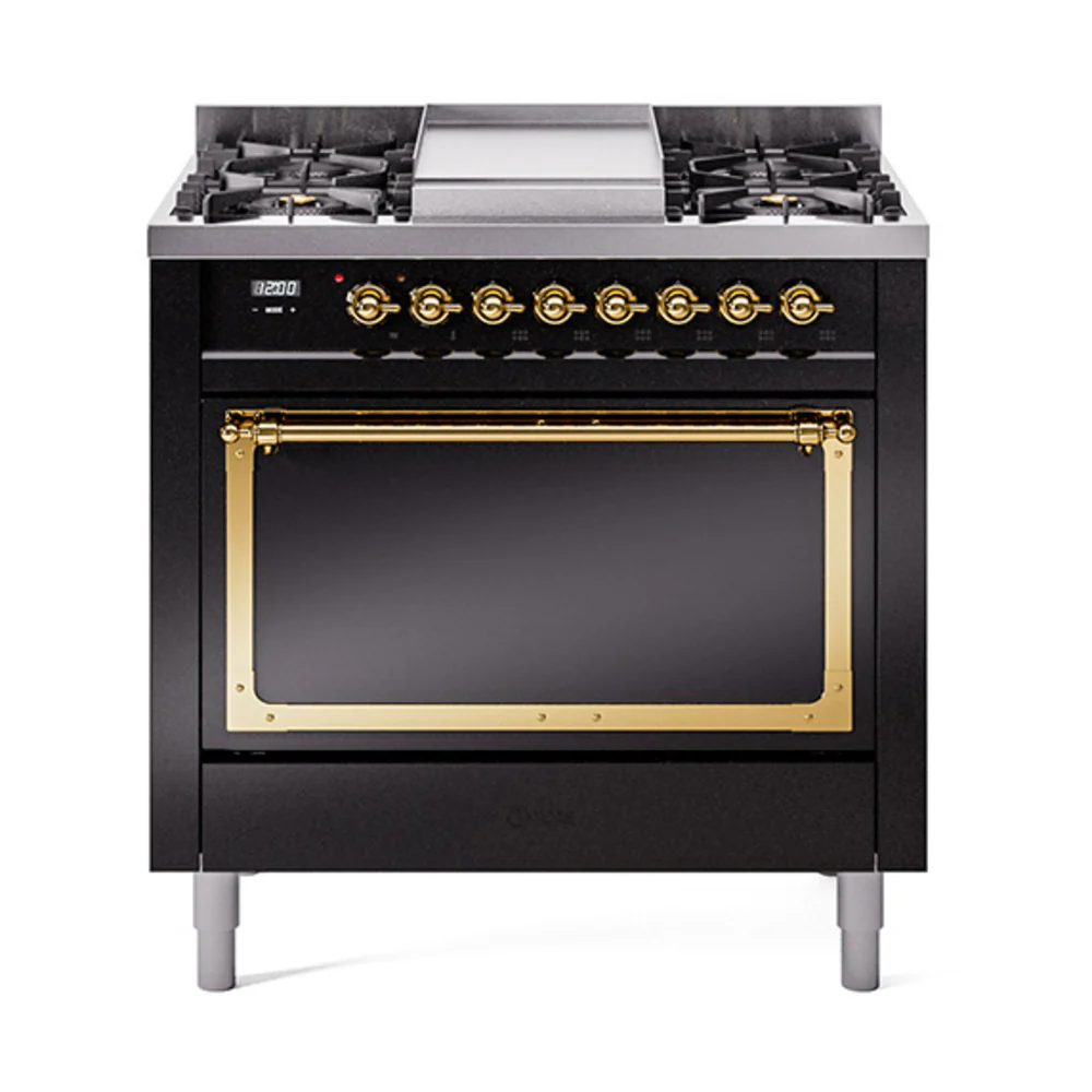 ILVE Nostalgie II Noblesse 36-Inch Dual Fuel Range and Solid Door Oven in Glossy Black with Brass Trim (UN36FQNMPBKG)