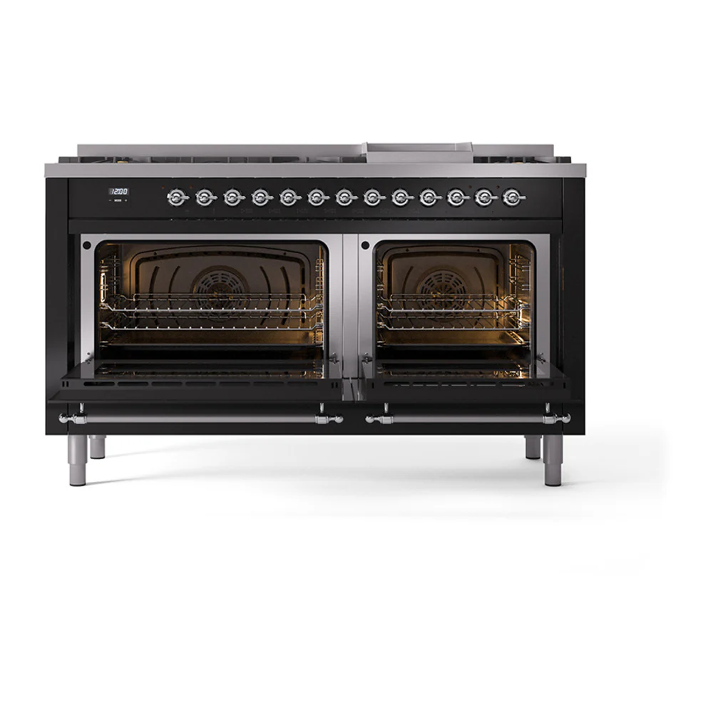 ILVE 60-Inch Nostalgie II Dual Fuel Range with 9 Burners, Griddle and Solid Door Oven in Glossy Black with Chrome Trim (UP60FQNMPBKC)