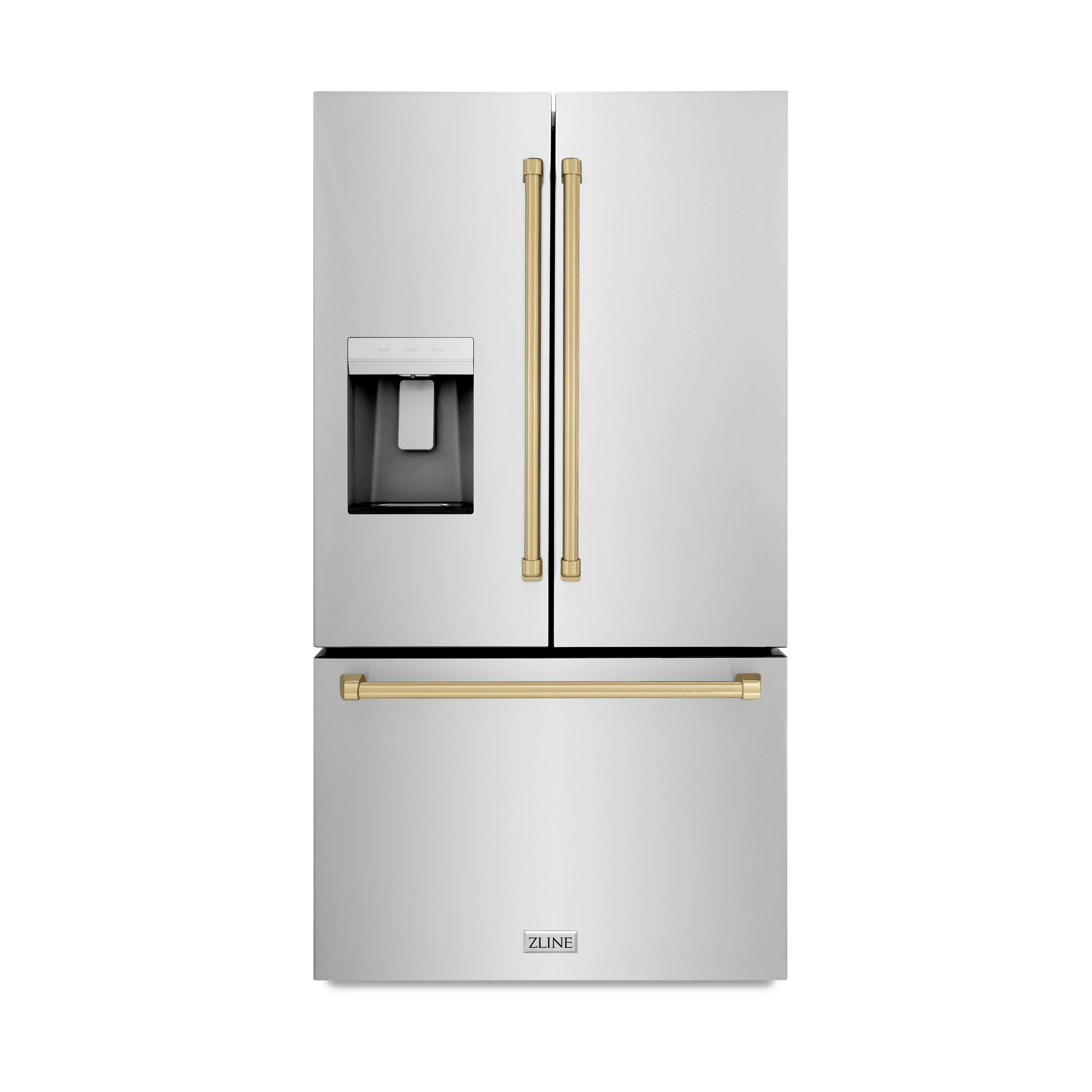 ZLINE Autograph Edition 36-Inch 28.9 cu. ft. Standard-Depth French Door External Water Dispenser Refrigerator with Dual Ice Maker in Fingerprint Resistant Stainless Steel and Champagne Bronze Handles (RSMZ-W-36-CB)