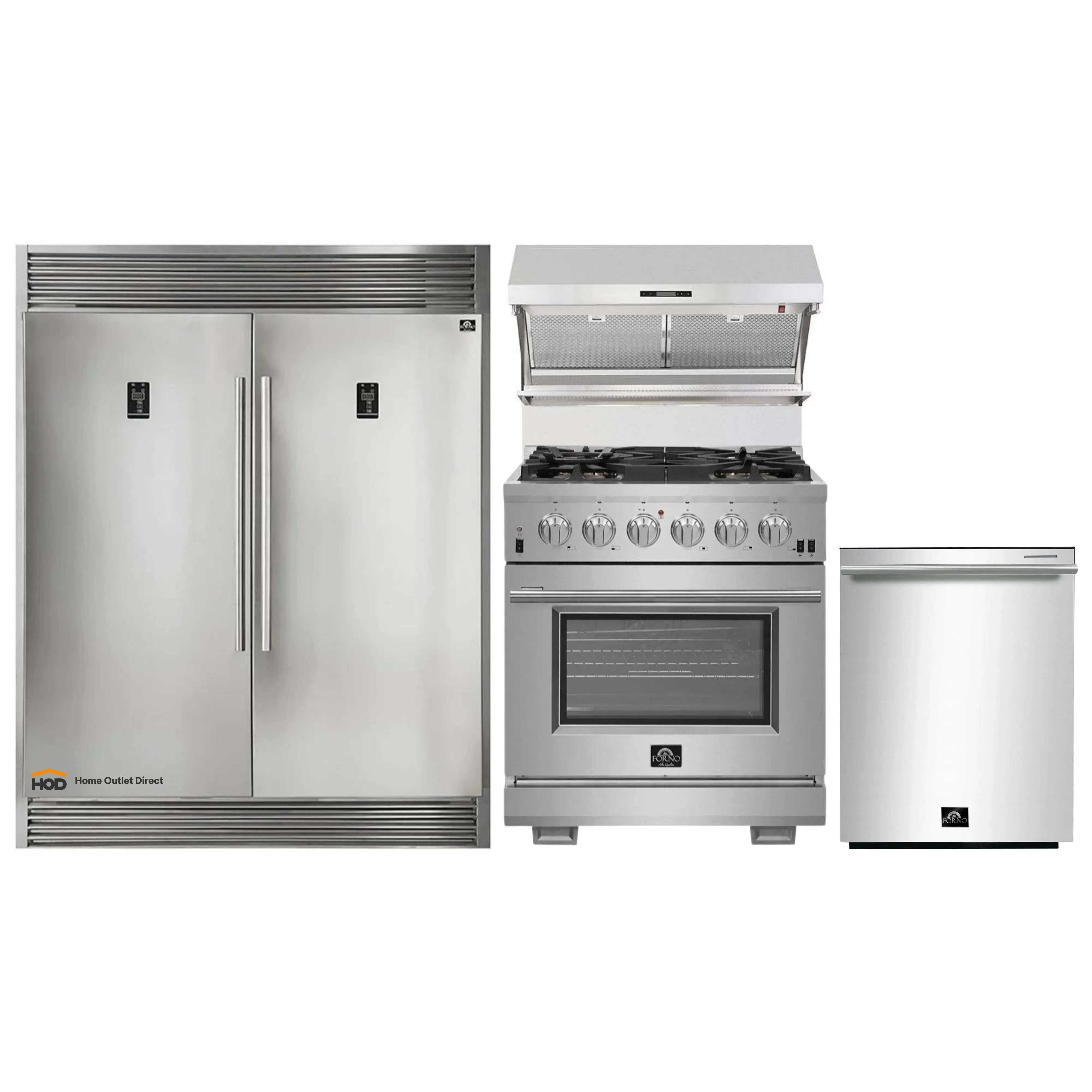 Forno 4-Piece Pro Appliance Package - 30-Inch Gas Range, 60-Inch Pro-Style Refrigerator, Wall Mount Hood with Backsplash, and Dishwasher in Stainless Steel