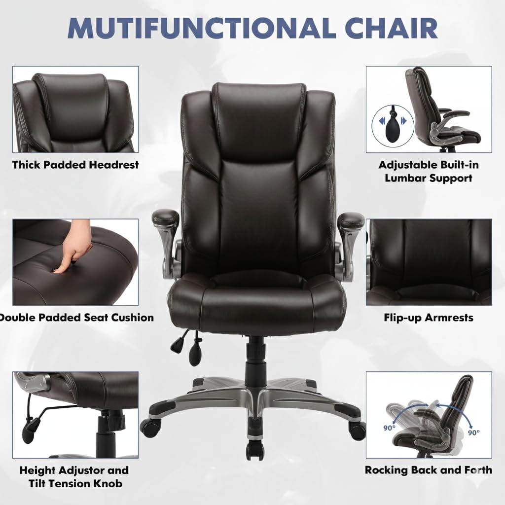 Ergonomic High Back Executive Office Chair with Adjustable Lumbar Support, Leather Office Chair with Flip-up Armrests, Swivel Computer Task Chair for Home Office Workstation, Brown,Set of 2