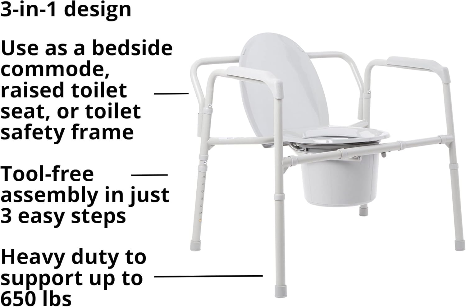 McKesson Heavy-Duty Folding Bariatric Commode Chair with 12 qt Bucket, 650 lbs Weight Capacity, 13 3/4 in Seat Width, 1 Count