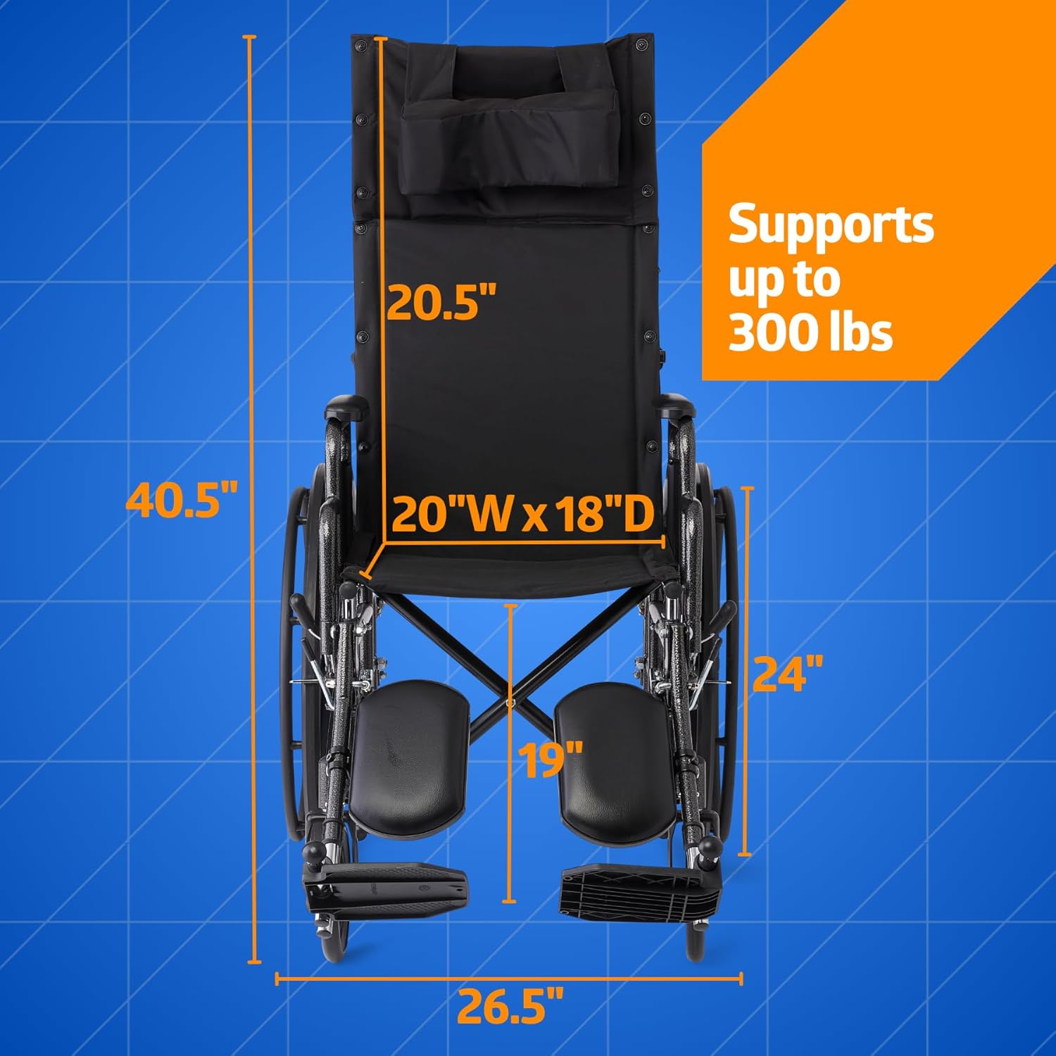 Medline Reclining Wheelchair, Desk-Length Arms and Elevating Leg Rests, 20