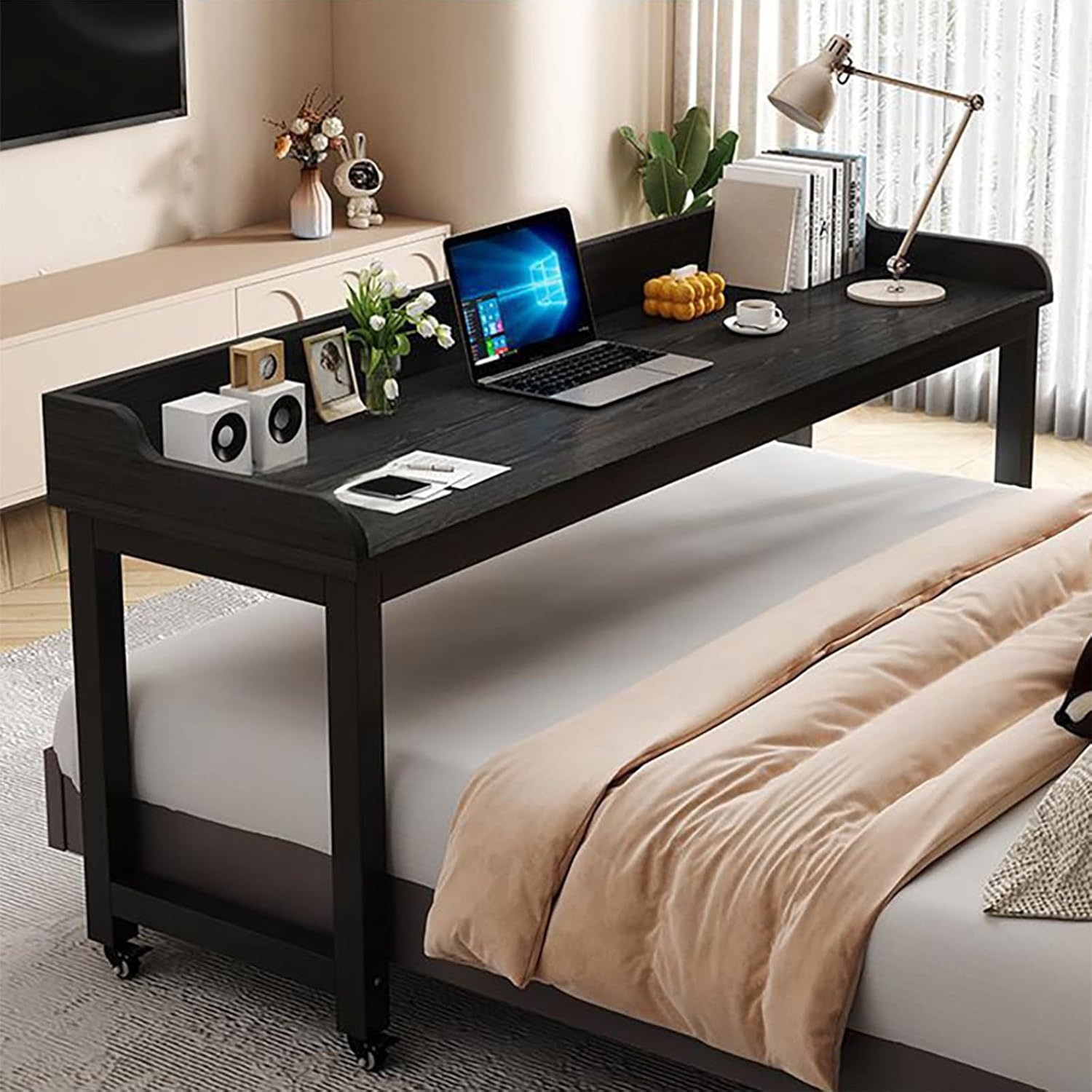 Overbed Table with Wheels, Queen Full Size Mobile Computer Desk, Mobile Bed Desk with Heavy Duty Metal Leg, Sturdy Laptop Cart for Bedroom, Living Room, Hospital Use(Black,150*40*80cm/59*16*31in)
