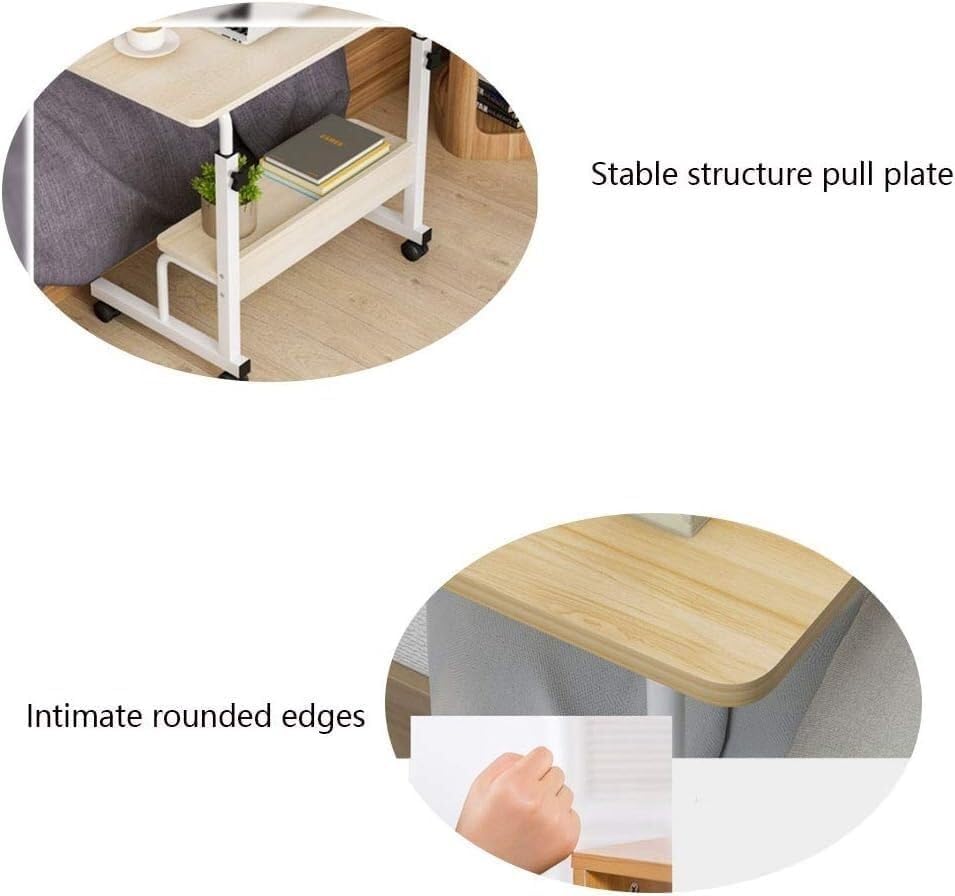 Adjustable Overbed Table with Wheels, Mobile Laptop Desk with Steel Frame, 2-Tier Side Table for Bedside, Office, Home Use(60x40cm)