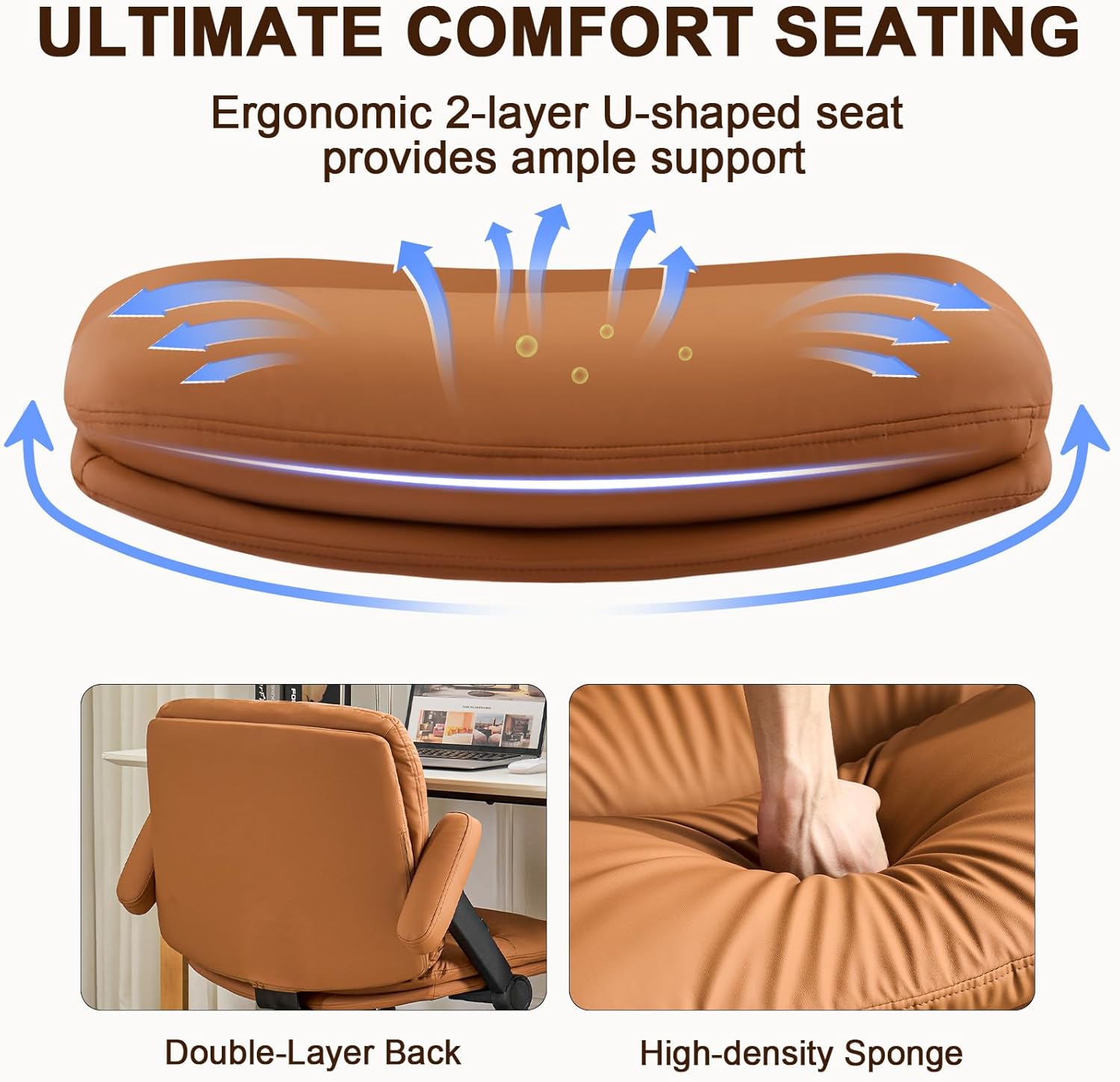 Furniliving Criss Cross Office Chair with Wheels and Flip-up Arms, Luxury Cat Scratch PU Leather Vanity Desk Chair, Upholstered Wide Cross Legged Chair for Home Office, Bedroom, Brown