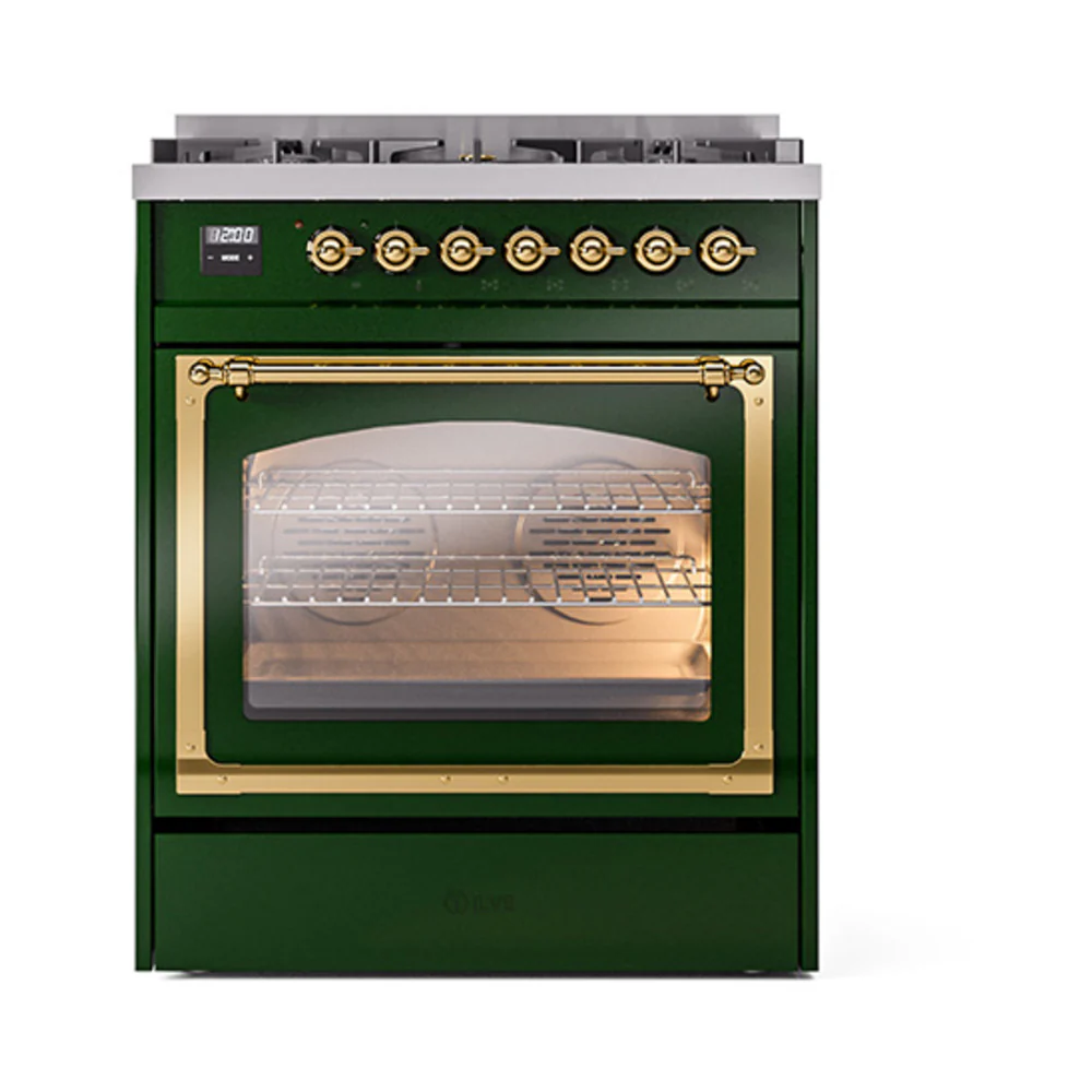 ILVE Nostalgie II Noblesse 30-Inch Dual Fuel Range with Triple Glass Door in Emerald Green with Brass Trim (UN30NMPEGG)