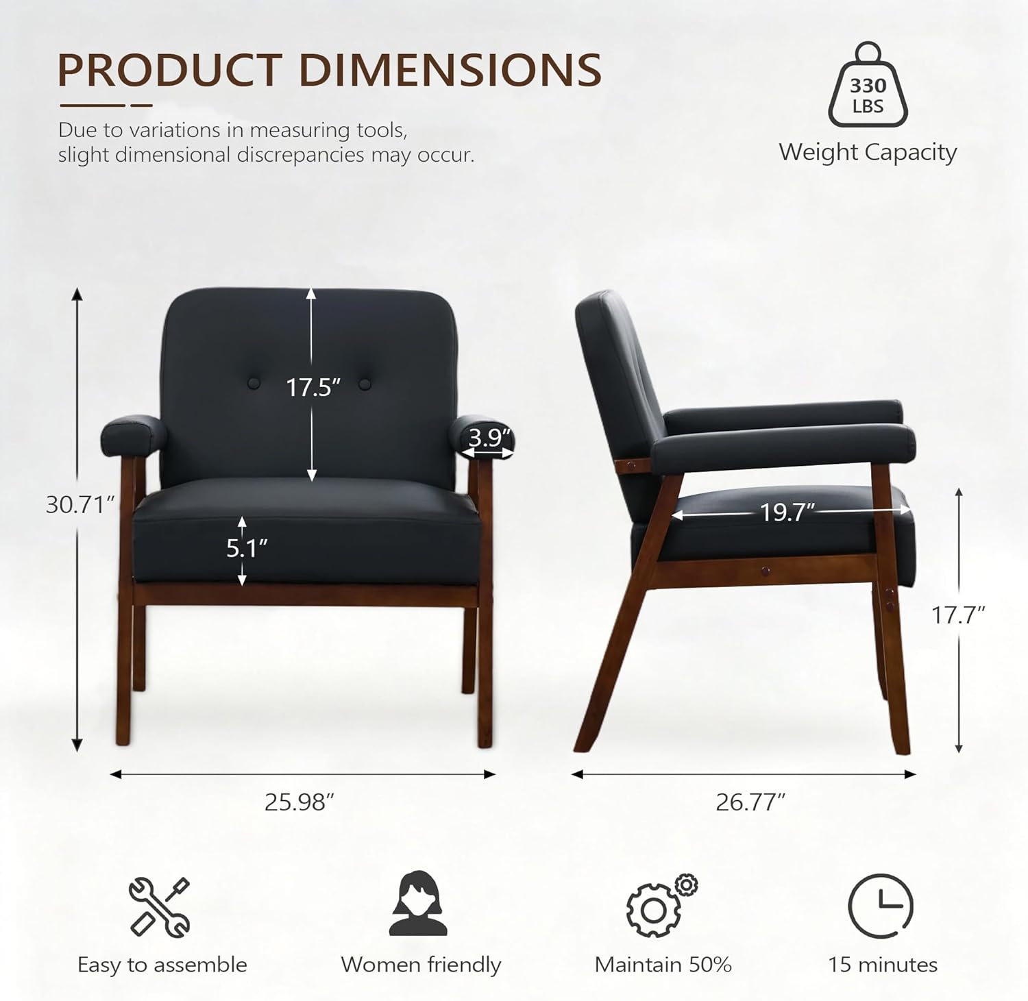 JIASTING Accent Chairs Set of 2, Black Leather Chairs with Solid Wood Frame, Tufted Small Mid-Century Modern Wooden Arm Chair, Comfy Office Reading Armchair for Living Room, Bedroom (2)